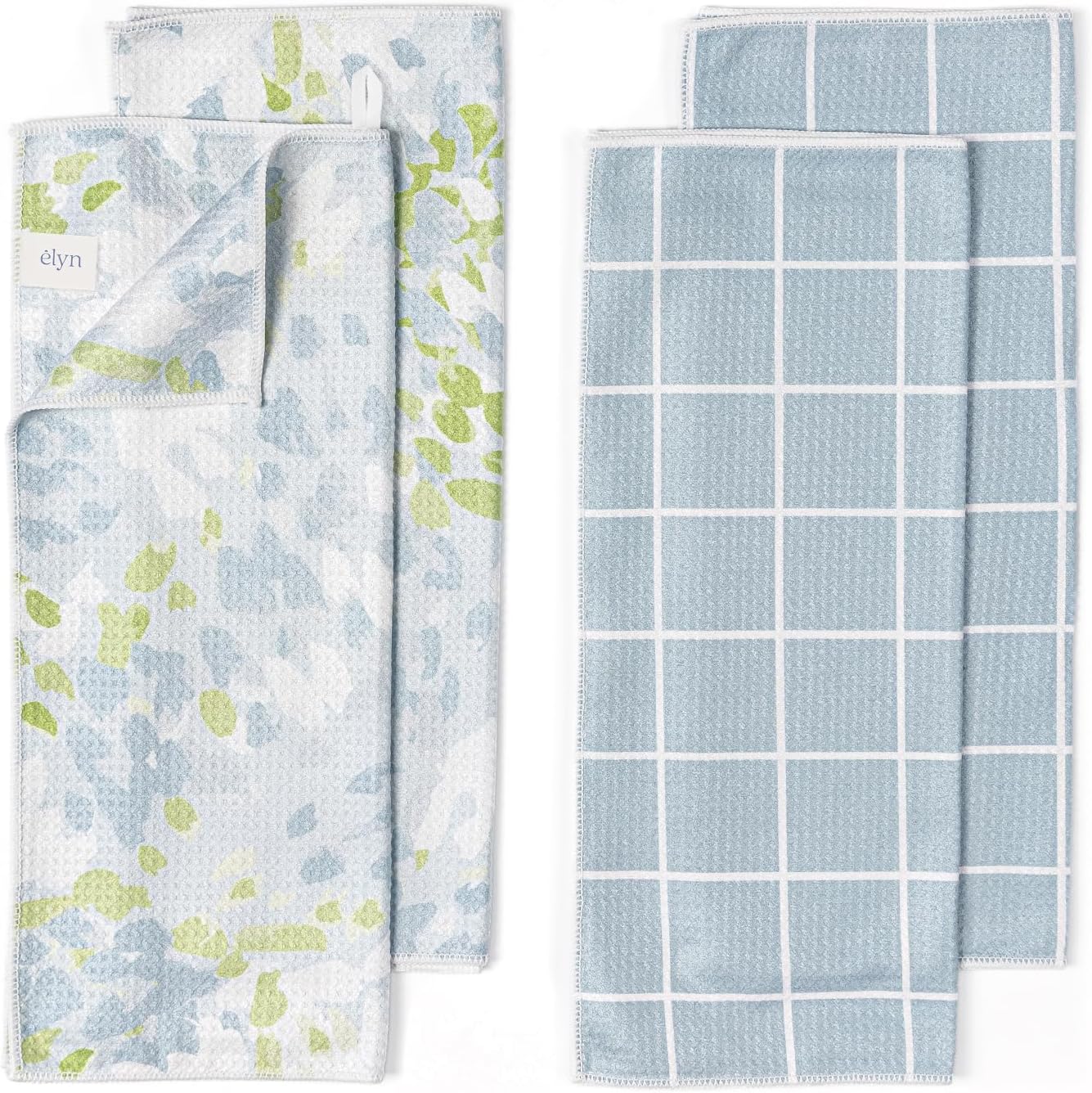 ELYN Microfiber Kitchen Dish Towel Set, Quick-Dry & Absorbent Waffle Weave Cleaning Towels, Set of 4 Kitchen Towels, Paper Towels Alternative (Painterly Floral & Grid)