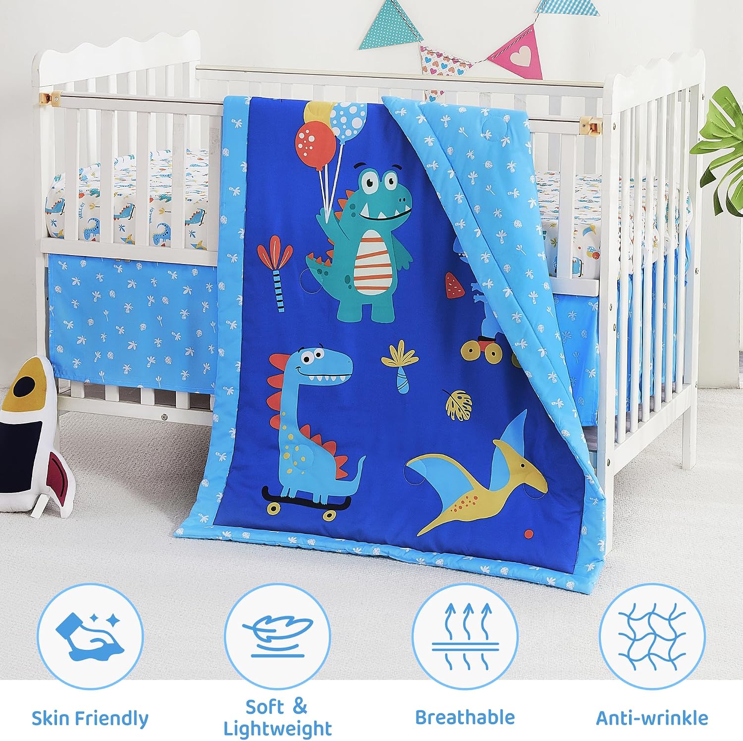 lasoftan 3 Piece Baby Crib Bedding Set, Infant Nursery Bed Set Decor with Quilt + Fitted Crib Sheet + Skirt, Baby Bedding Set Breathable and Soft for Baby Boy and Girl – Blue Dinosaur