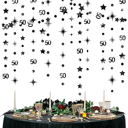 Decoraciones negras de cumpleaños número 50, guirnalda de estrellas centelleantes con el número 50, guirnalda metálica para colgar en banderines