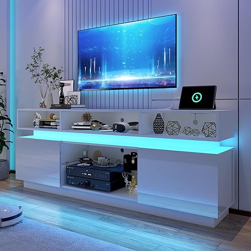 Soporte de TV LED para TV de 80 pulgadas, moderno centro de entretenimiento alto con tomas de corriente, soporte de TV de alto brillo, consola
