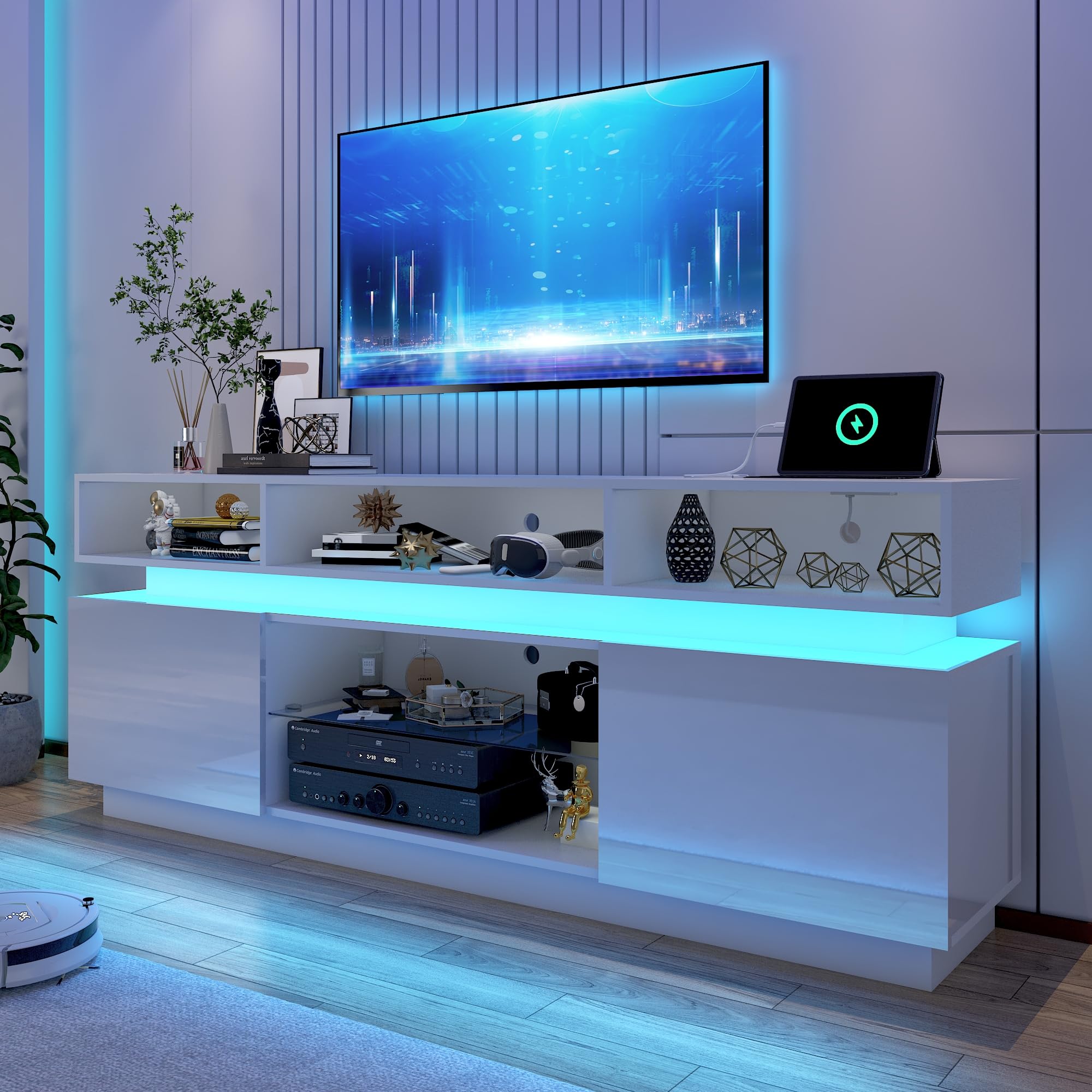 LED TV Stand for 80 Inch TV, Modern Tall Entertainment Center with Power Outlets, High Gloss TV Stand, Gaming TV Media Console with Glass Shelf for Living Room, 71 Inch, White
