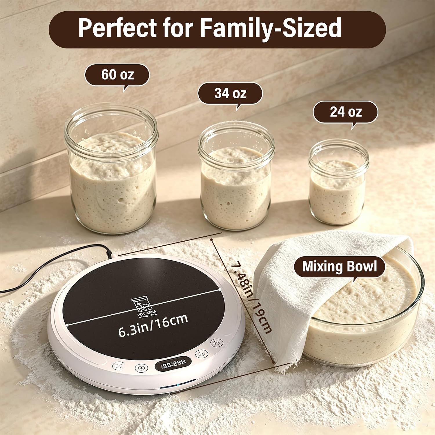 Large Sourdough Starter Warmer Mat - 24H Timer - 1°F Control (65-110°F) - Warming Heating Pad for Sour Dough Starter (White)
