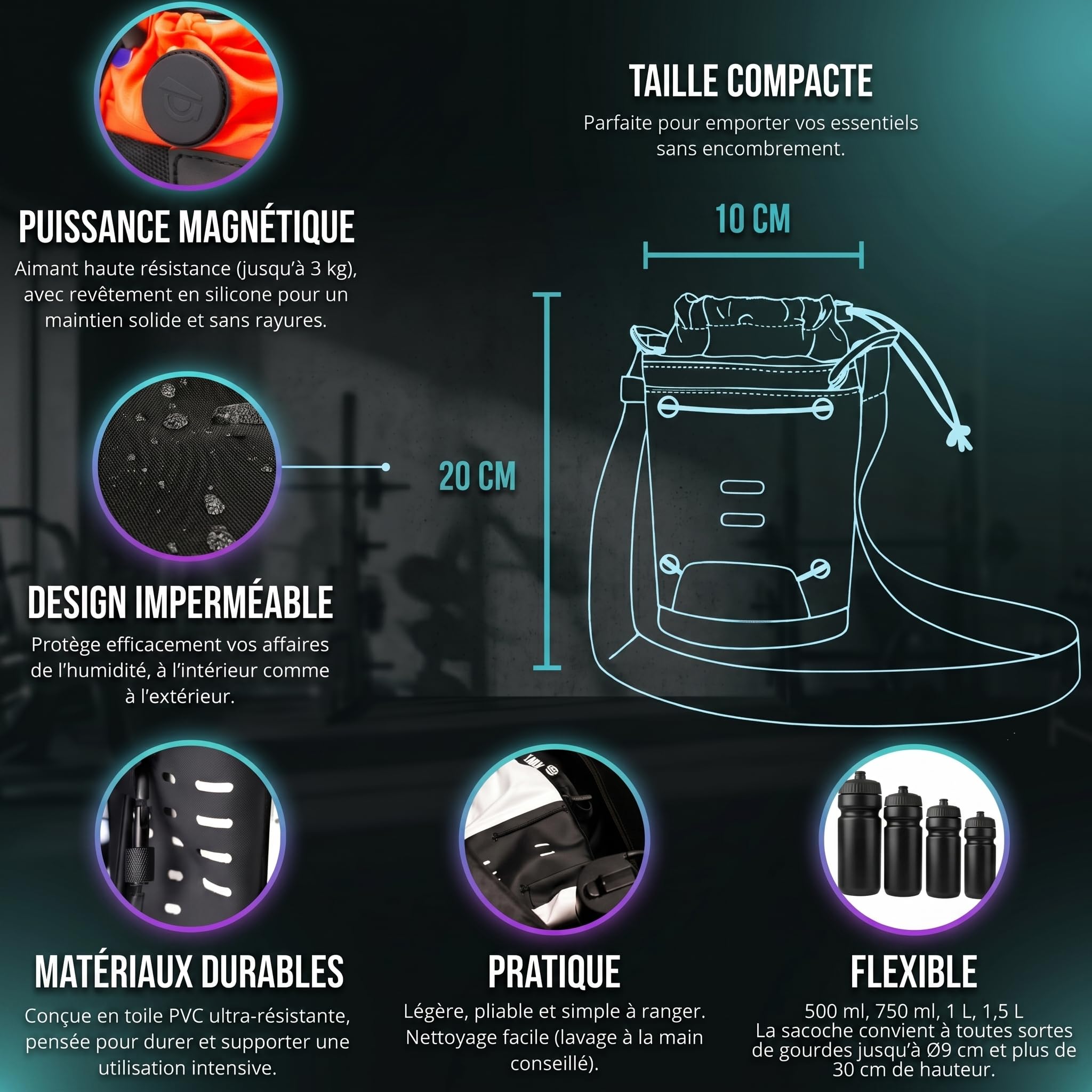 Sac magnétique pour Gourde – Supporte 3 kg sur Rack de Musculation – Range téléphone, clés & Carte – Sacoche bandoulière Sport & Voyage Unisexe – Accessoire Fitness Intelligent