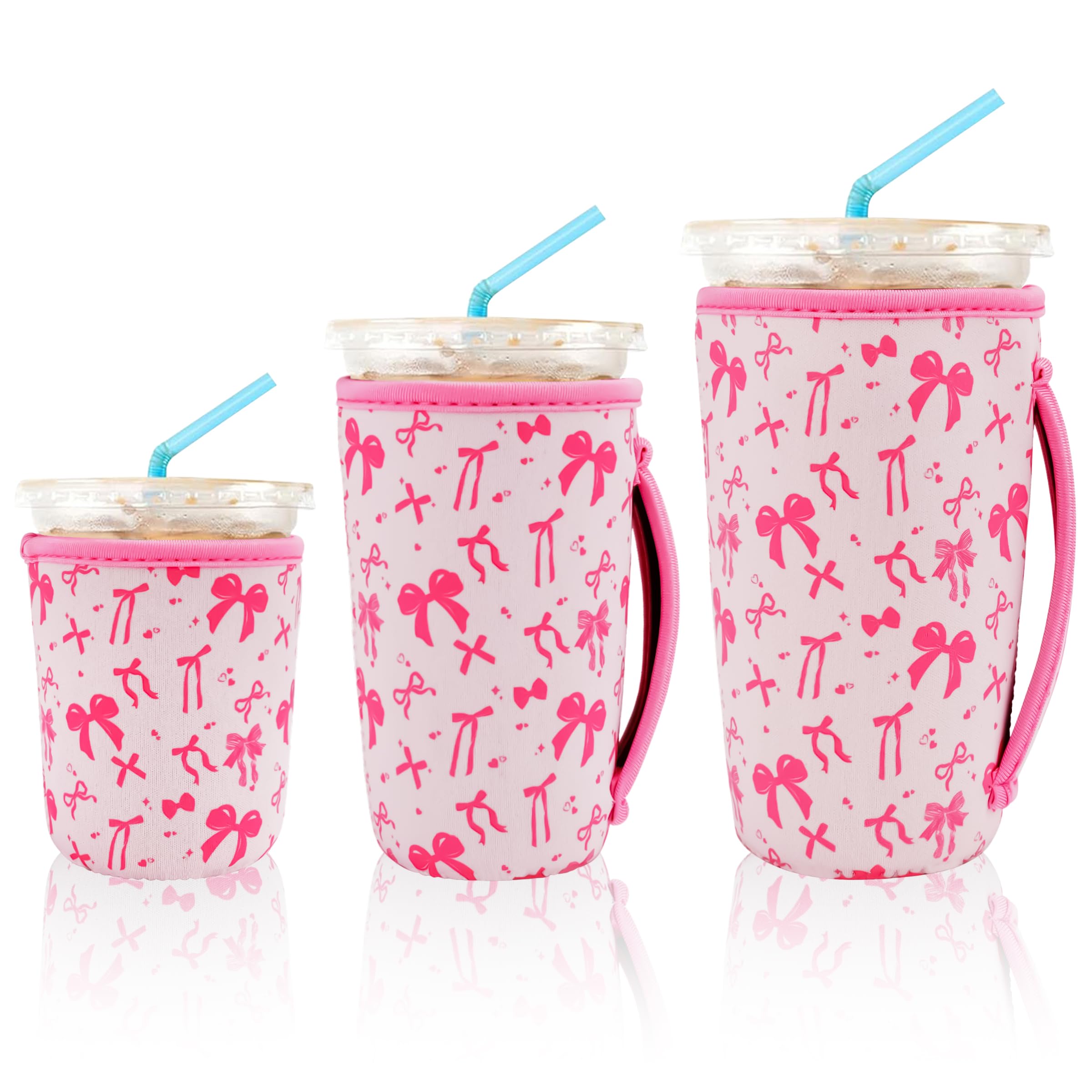 KJQJLY 3 Pack Reusable Iced Coffee Sleeves for Iced Coffee Cups or Drinks Reusable Neoprene Insulated Sleeves for Hot and Cold Drinks from Starbucks, Dunkin, And More (Pink bow)