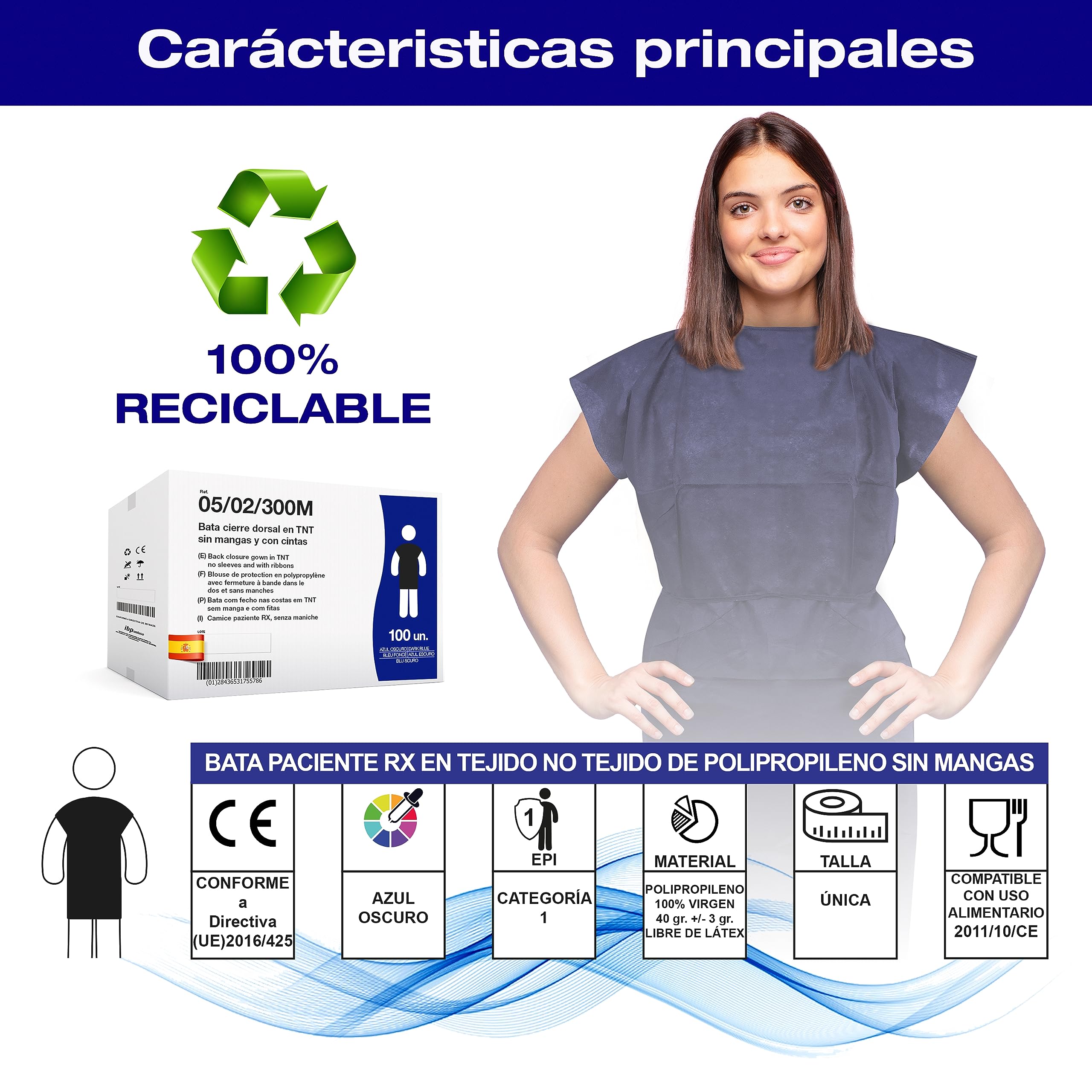 Pack 100 uds. Batas desechables sanitarias opacas - Batas desechables sin mangas con cierre trasero ajustable - Bata desechable color azul de alto gramaje de apariencia elegante
