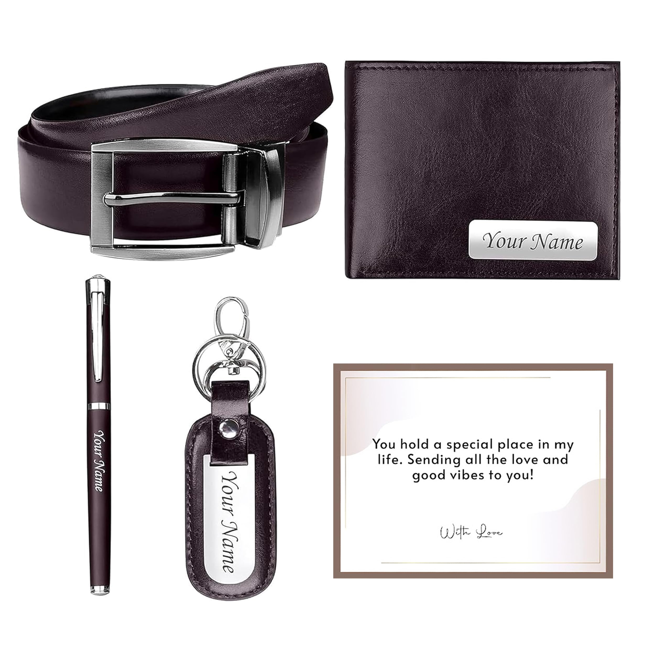 Personalized Wallet Belt Keychain & Pen Gift Set for Men | Best for Valentine's Day Gifting | with Free Valentine's Day Greeting Card (Brown)-image-18
