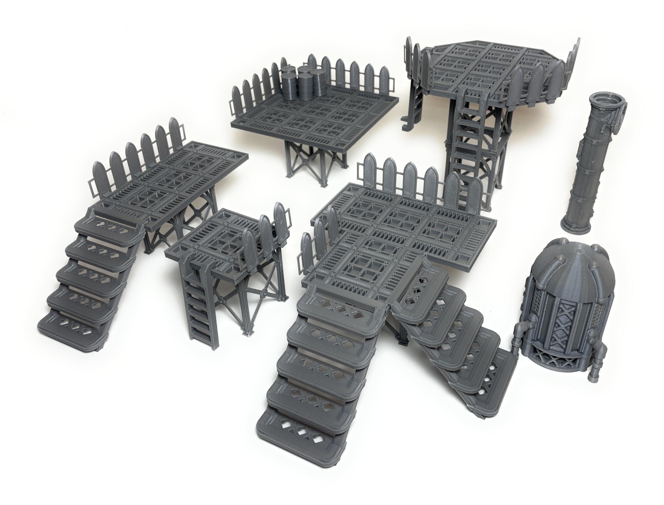 Set De Escenografía Industrial Sci-Fi Para Wargames – 32 Piezas De Plataformas, Escaleras Y Barriles – Escala 28mm – PLA Premium