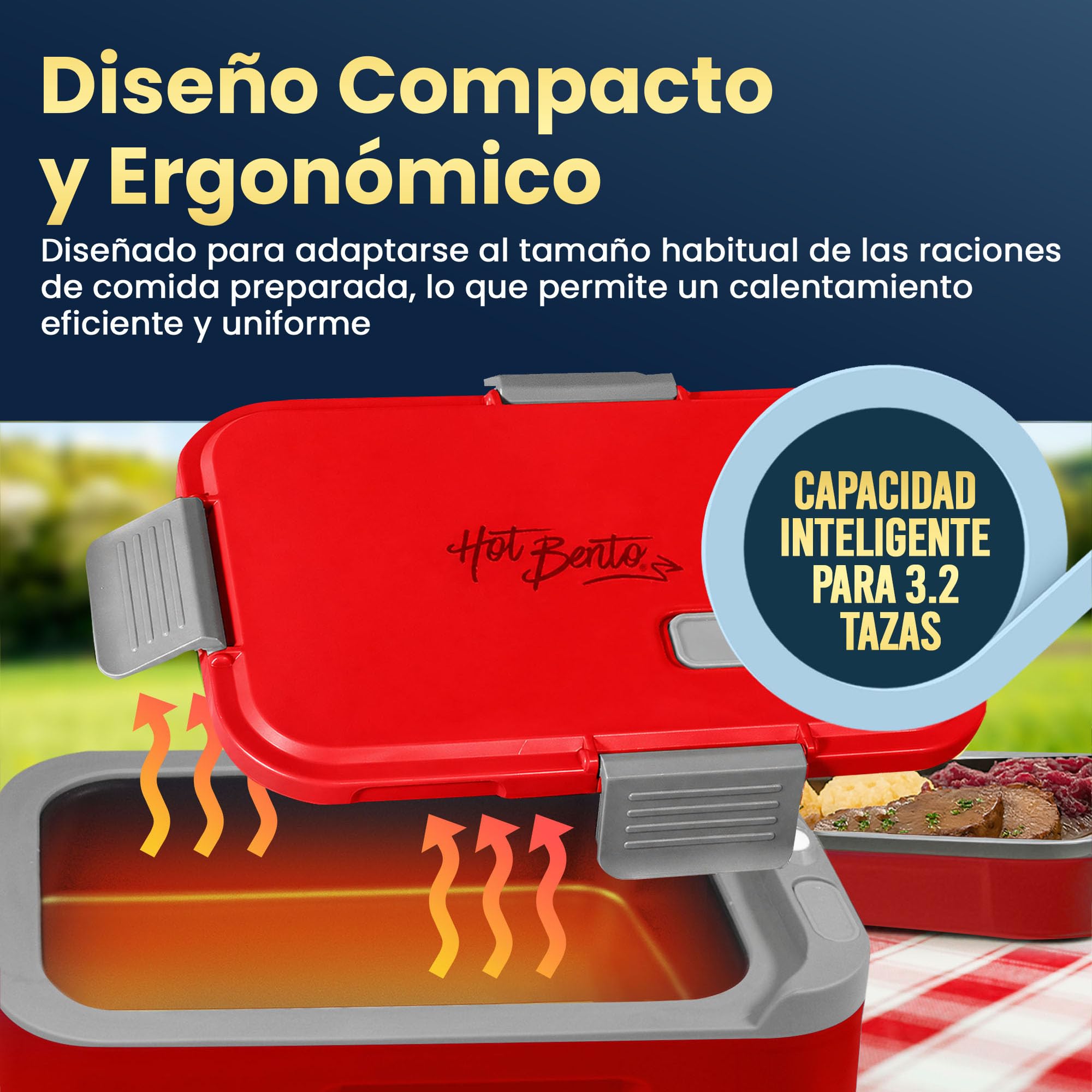 Hot Bento PLUS – Fiambrera Eléctrica Portátil y Autocalentable | Calienta Comida en 10 Min | Tupper Eléctrico para Trabajo, Oficina, Colegio y Viajes | 994 ml | Rojo Rubí