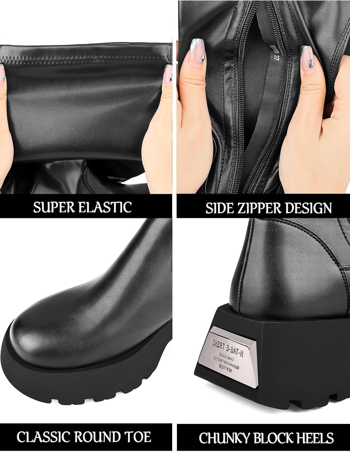 CouieCuies Women's Over the Knee Boots Black Thigh High Boots Platform Knee High Lug Sole Comfortable Stretch Mid Heel Half Zipper - Image 4