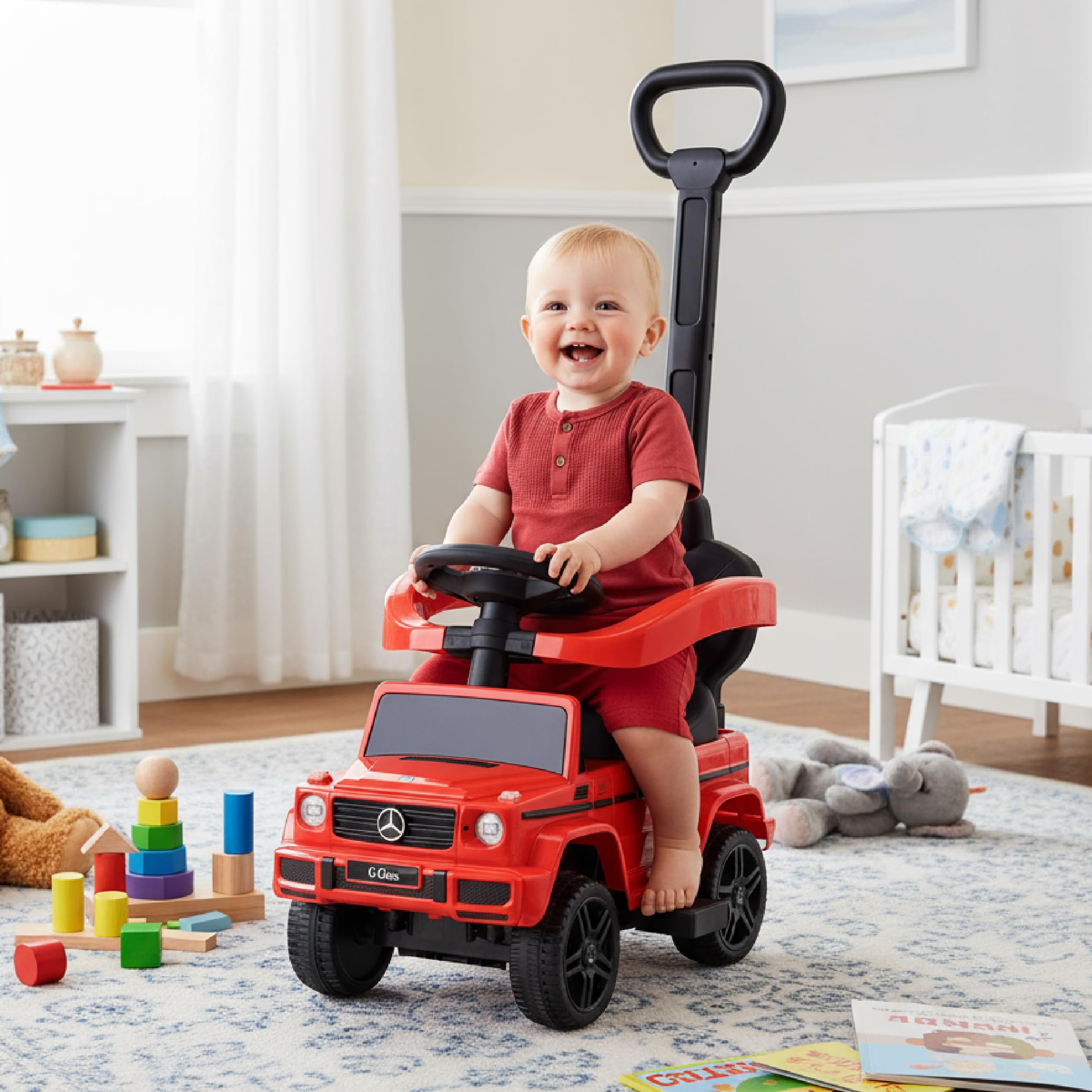 sun baby Coche de Empuje Mercedes Benz G con Licencia, Coche para Niños a Partir de 1 año, Volante con Sonido, Asiento y Ruedas de plástico, Barra de Empuje (Rojo)