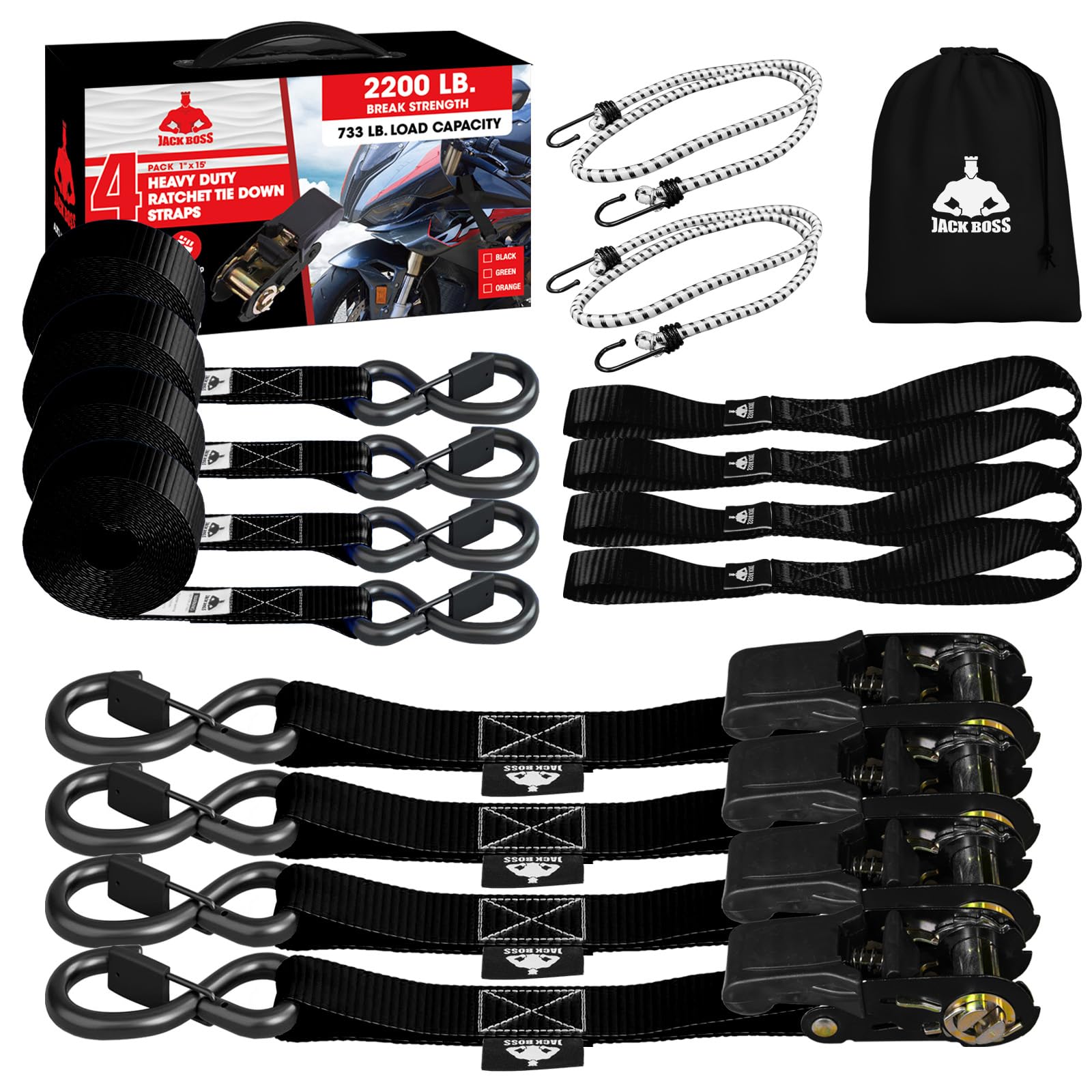 2200 LB Break Strength Ratchet Straps Heavy Duty 4 Pack -15 FT, Ratchet Tie Down Straps with Safety Lock S Hooks for Moving Appliances Motorcycle ATV Truck, Soft Loop Tie Down Straps, Black