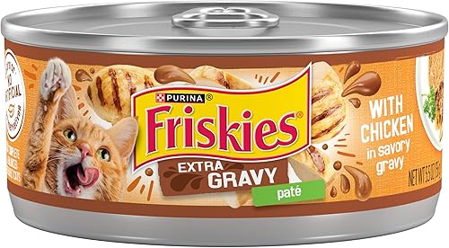Miniatura 1 de Purina Friskies Paté de salsa, comida húmeda para gatos, paté extra en salsa con pollo en salado, (paquete de 24) latas de 5.5 onzas