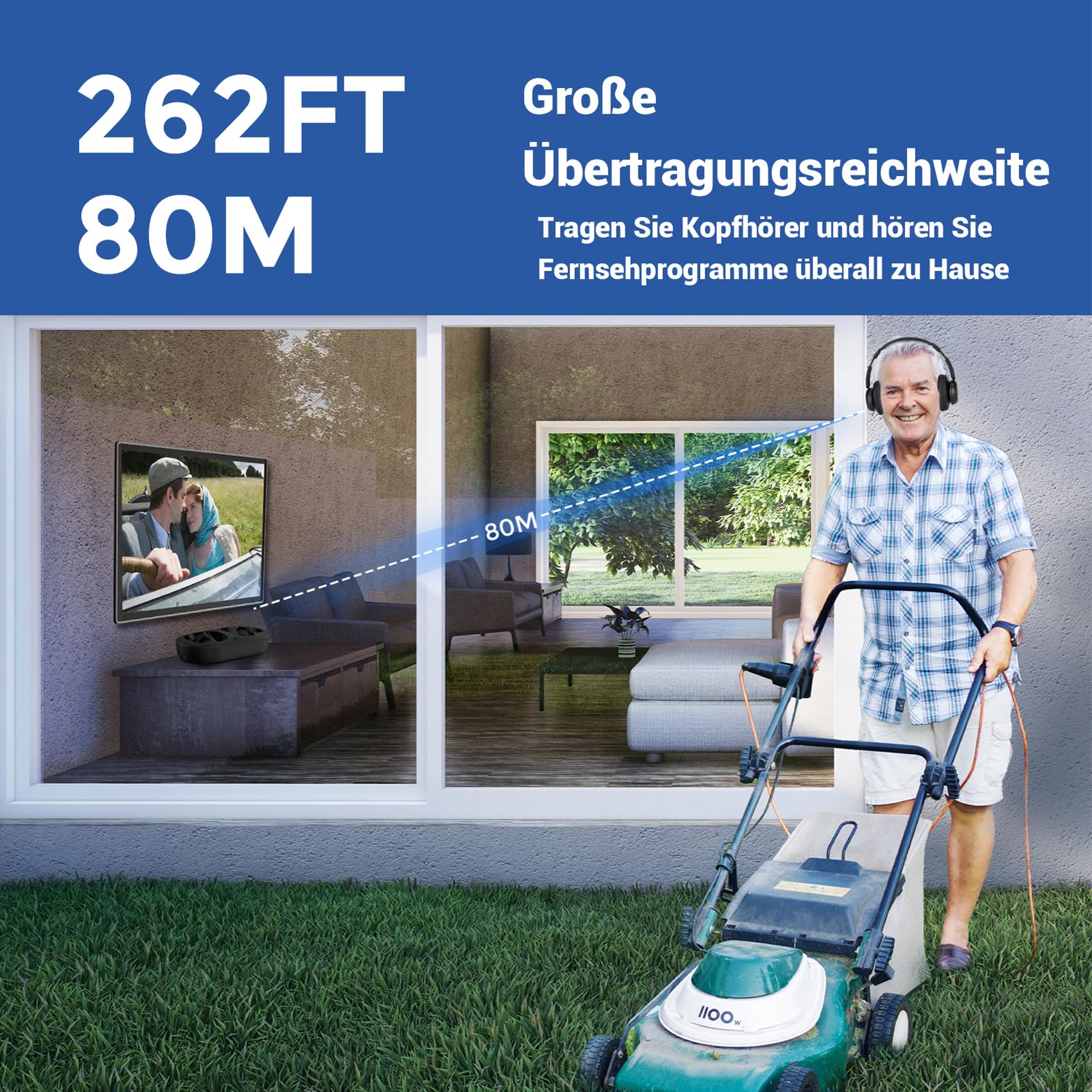 Kabellose TV-Kopfhörer für Senioren – Hohe Lautstärke, Kein Audio-Verzögerung (Plug & Play) – Kompatibel mit Optisch/AUX/RCA/USB – Inkl. Senioren-Ladestation, Schwarz