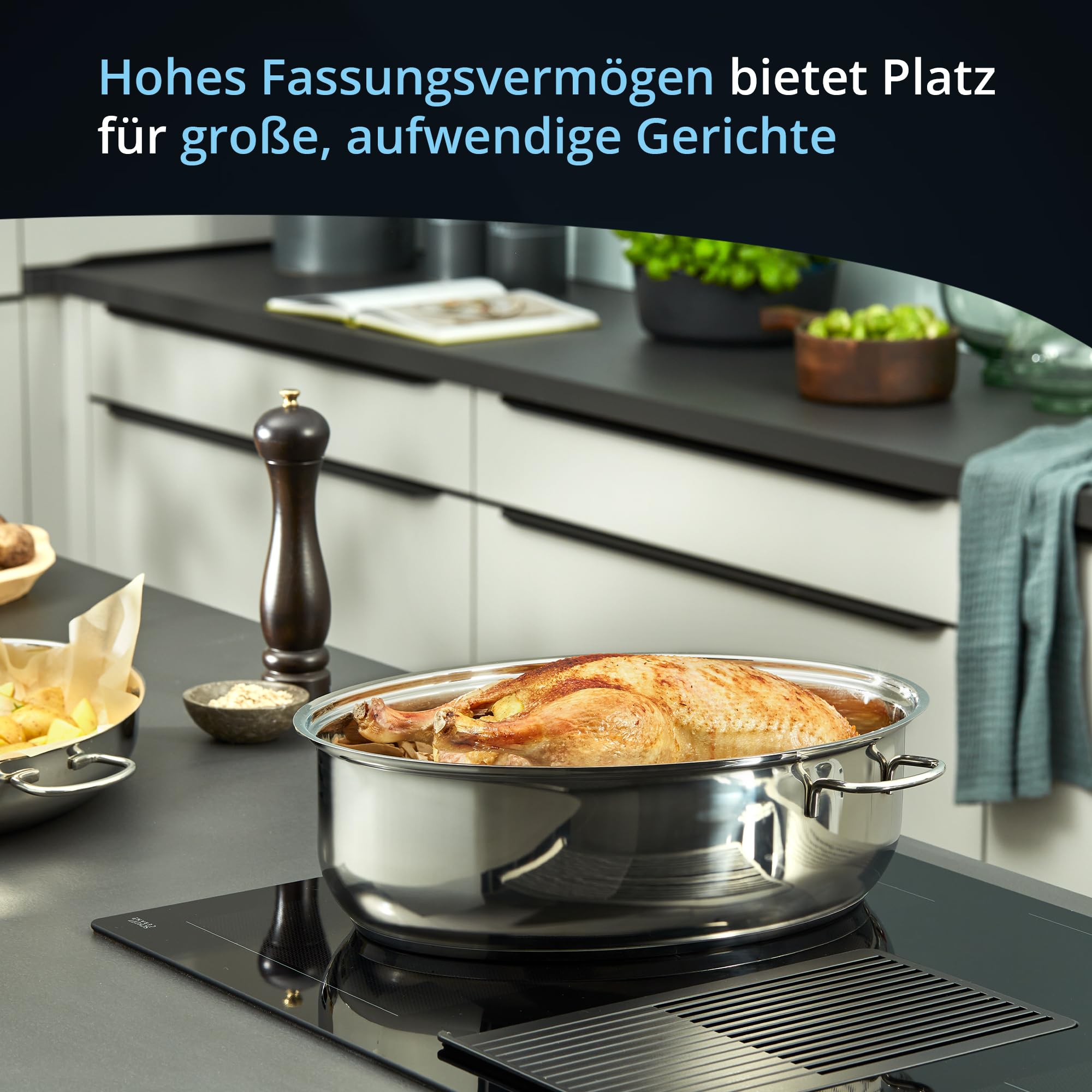 KHG Bräter mit Deckel Induktion 38x26x18 cm | Edelstahl, 7,7 l Volumen | 2in1 Deckel als Pfanne nutzbar | ideal für große Festtagsbraten | spülmaschinengeeignet, backofenfest