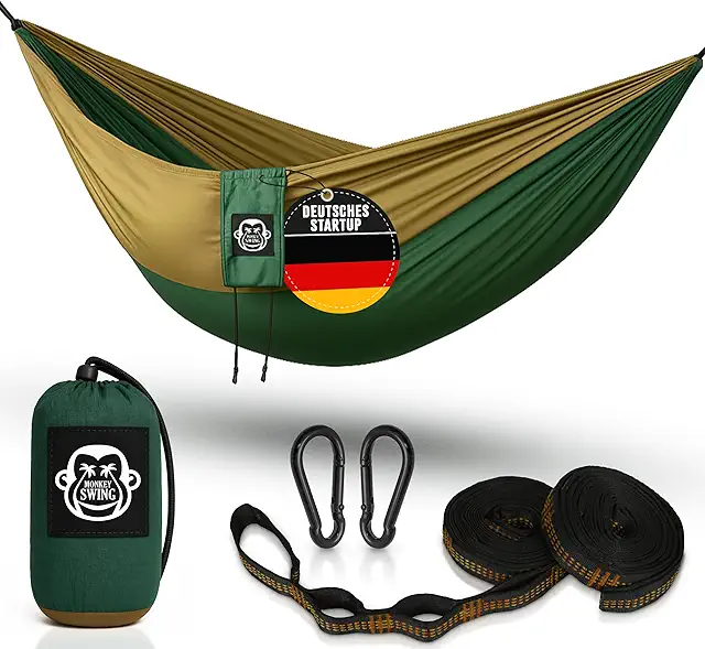 Ultraleicht Camping Hängematte - 300 kg belastbar, inkl. Gurte & Karabiner (Grün/Khaki)