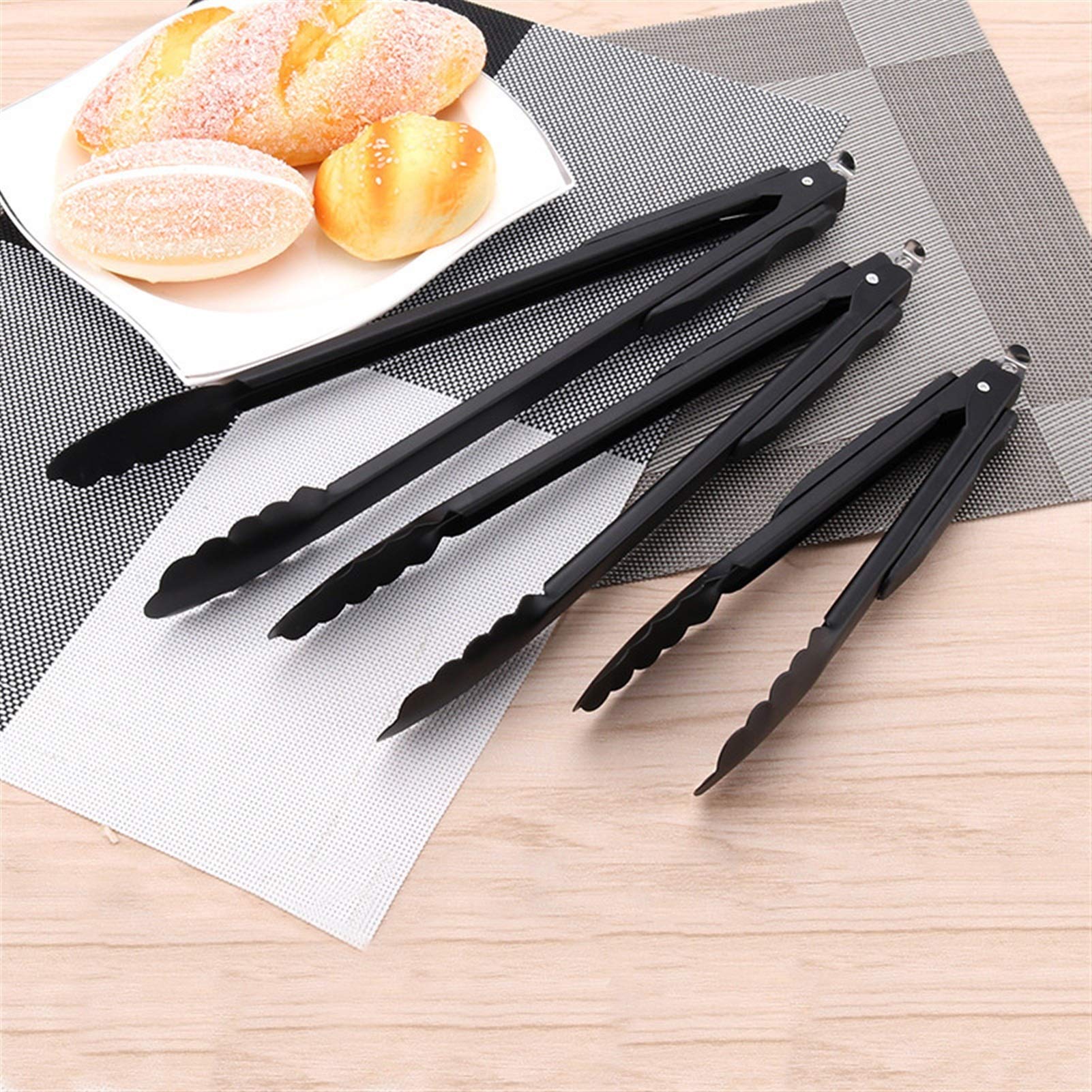MRKU Pinzas para Bolsas de Comida, Pinzas Negras de Acero Inoxidable para cocinar, ensaladas, Pan, Barbacoa, Barbacoa, bufé, Pinzas para Servir, Utensilios de 9/12/14 Pulgadas