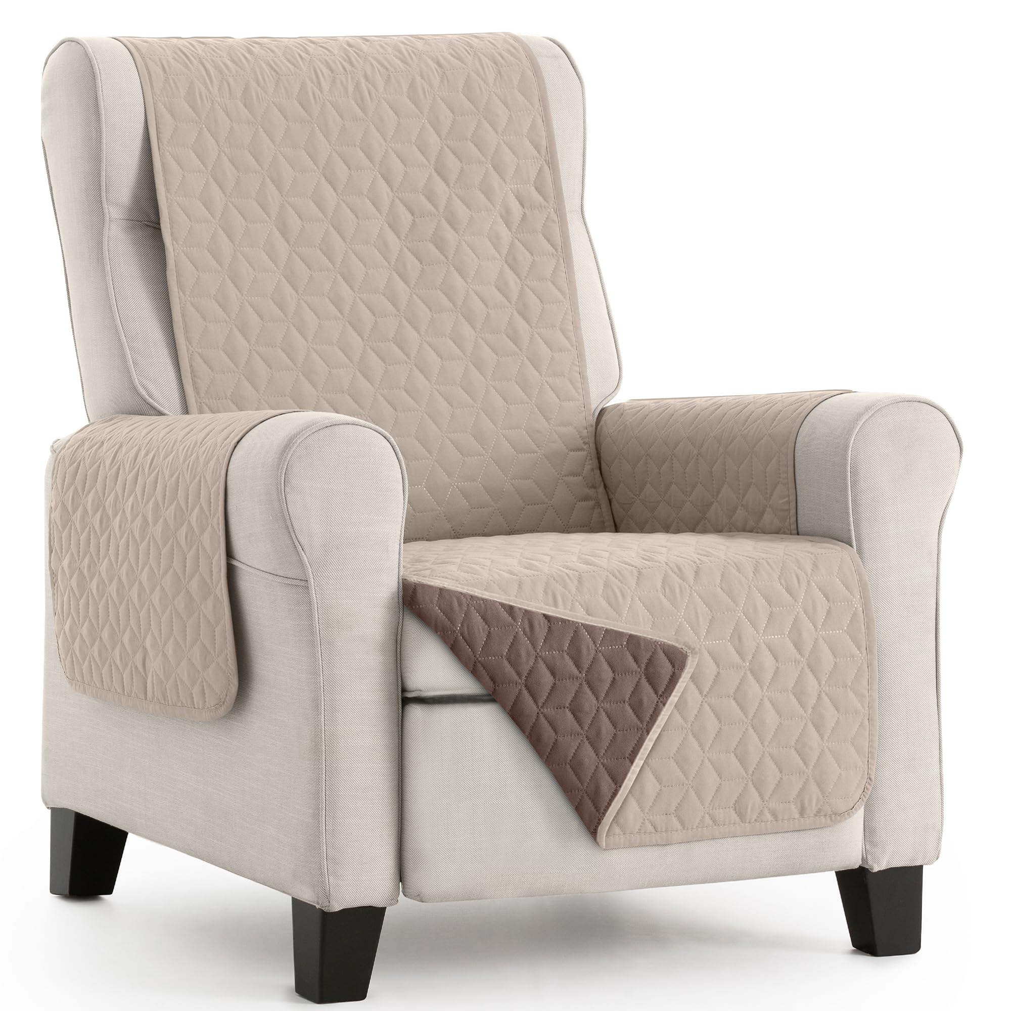 Protector de Sillon 1 Plaza. Protector para Sofa Bicolor Reversible Acolchada. Funda de Sillon. Funda Cubre Sofa Mascotas Perros Gatos. Paris. Color Beige-Marrón 55 cm
