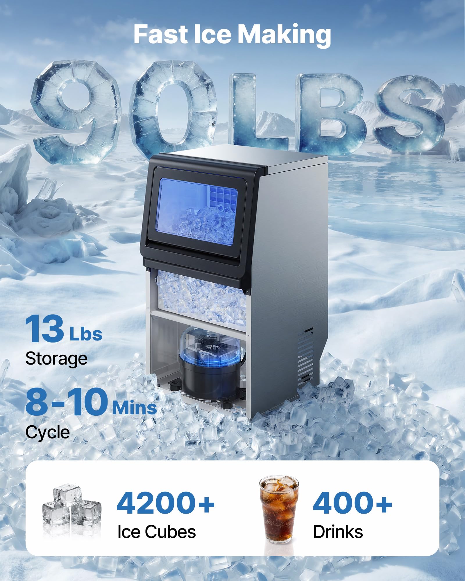 VEVOR Macchina per Ghiaccio Commerciale, Macchina per Cubetti di Ghiaccio Fabbricatore Ghiacci in Acciaio Inox 41 kg/24h, Capienza di Stoccaggio 6 kg, Bar, Caffetteria, Ristorante, Bevande Ghiacciate