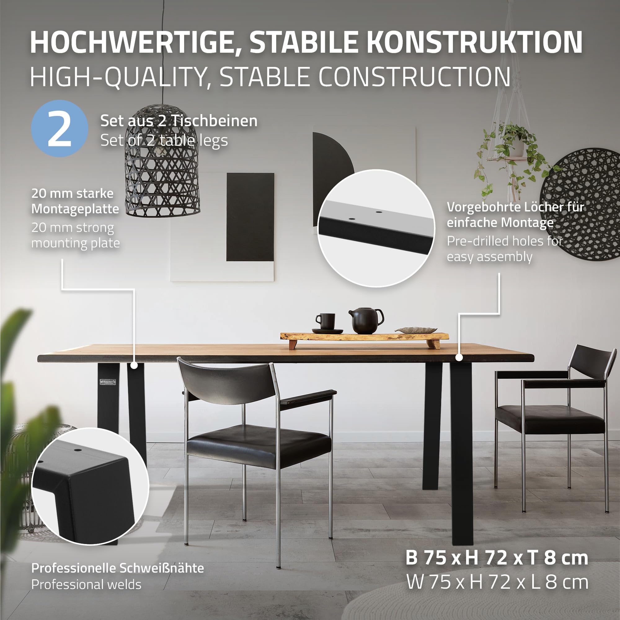 ML-Design 2X Patas de Mesa Loft 75 x 72 cm Soporte Negro Mate de Acero Inoxidable Bastidor para Mesa de Centro Base de Tablero Sostén para Esctritorio Pie Armazón Velador Marco Diseño Industrial