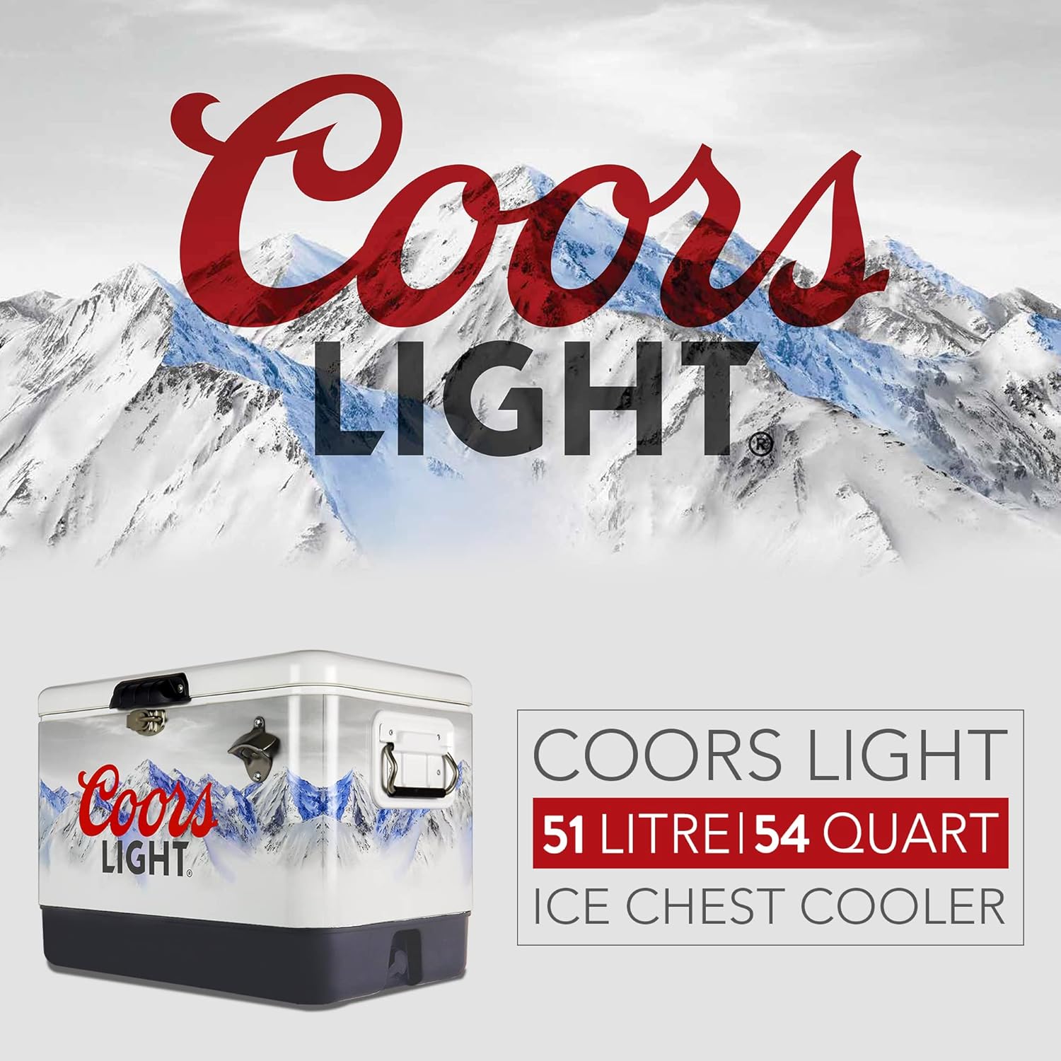Coors Light Ice Chest Cooler - Portable Ice Bucket with Bottle Opener, Vintage Style, Insulated for Camping, Beach, Picnic, RV, BBQs, Tailgating, Fishing, Steel-Belted 85 Can Ice Box, 51L (54 qt)