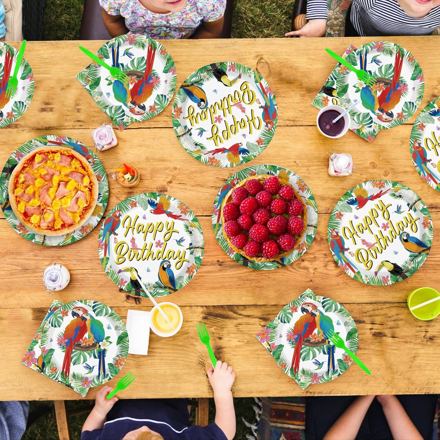 96Pcs Tropical Birthday Party Decorations Summer Parrots Birthday Plates and Napkins Bird Disposable Tableware for Summer Tropical Bird Parrots Party Decorations