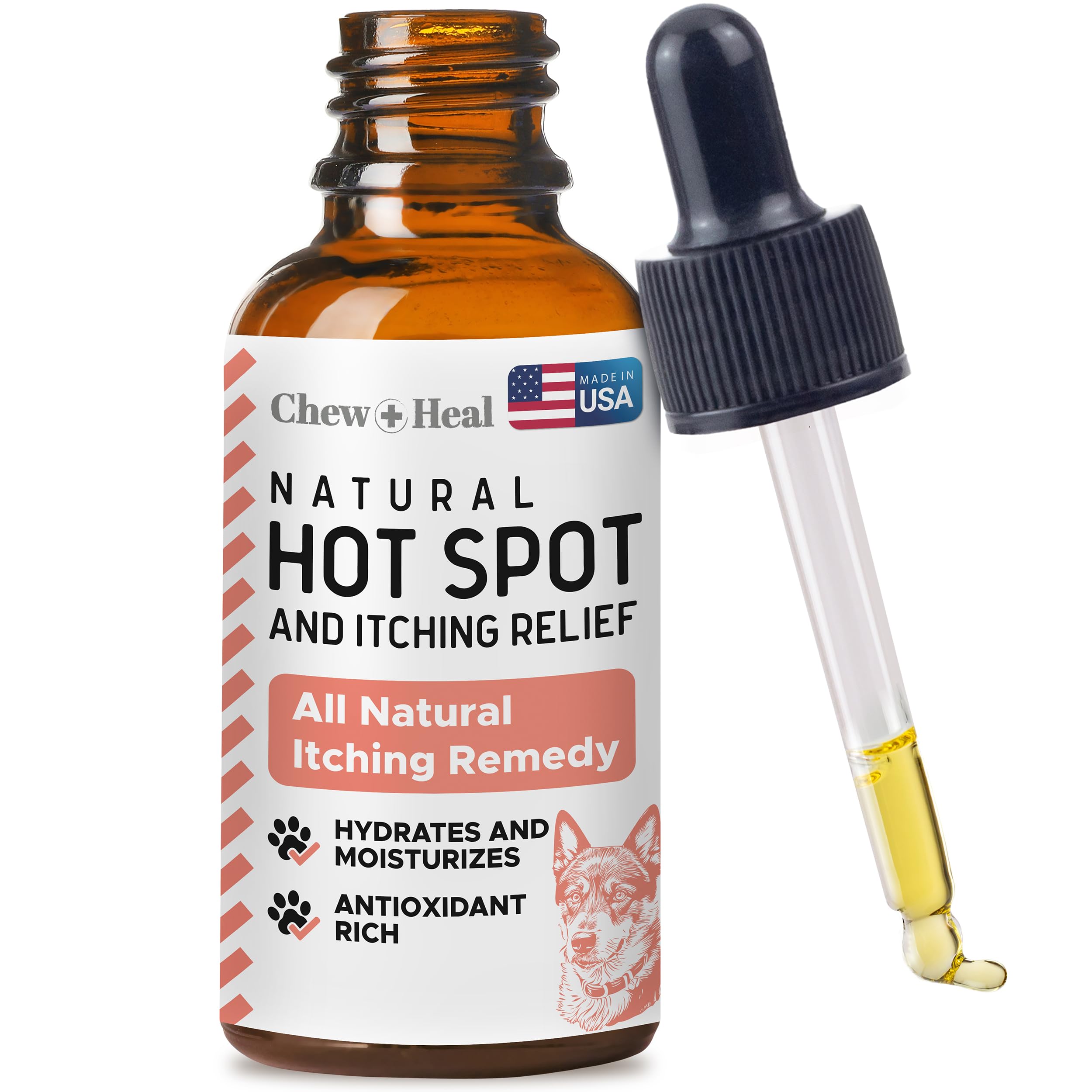 Chew + Heal Labs Natural Hot Spot Treatment for Dogs - 60ml (2oz) Soothing Oil for Hotspots and Itchy Skin with Natural Ingredients - Chlorhexidine Free - Good for Sensitive Skin