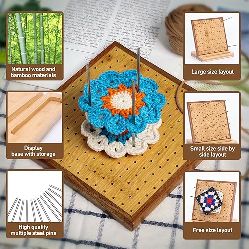 Miniatura 3 de Tabla de bloqueo de ganchillo de 7.8 pulgadas con 20 pinesclavijas, tabla de bloqueo para tejer a ganchillo, tablas de bloqueo cuadradas de bambú