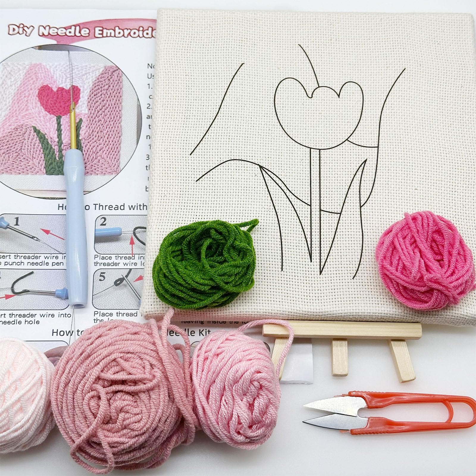 Woohome Punch Needle Broderie Kit Arc-en-ciel Et Fleurs - Kit De Démarrage Complet Avec Cerceau, Tissu Et Fils Colorés