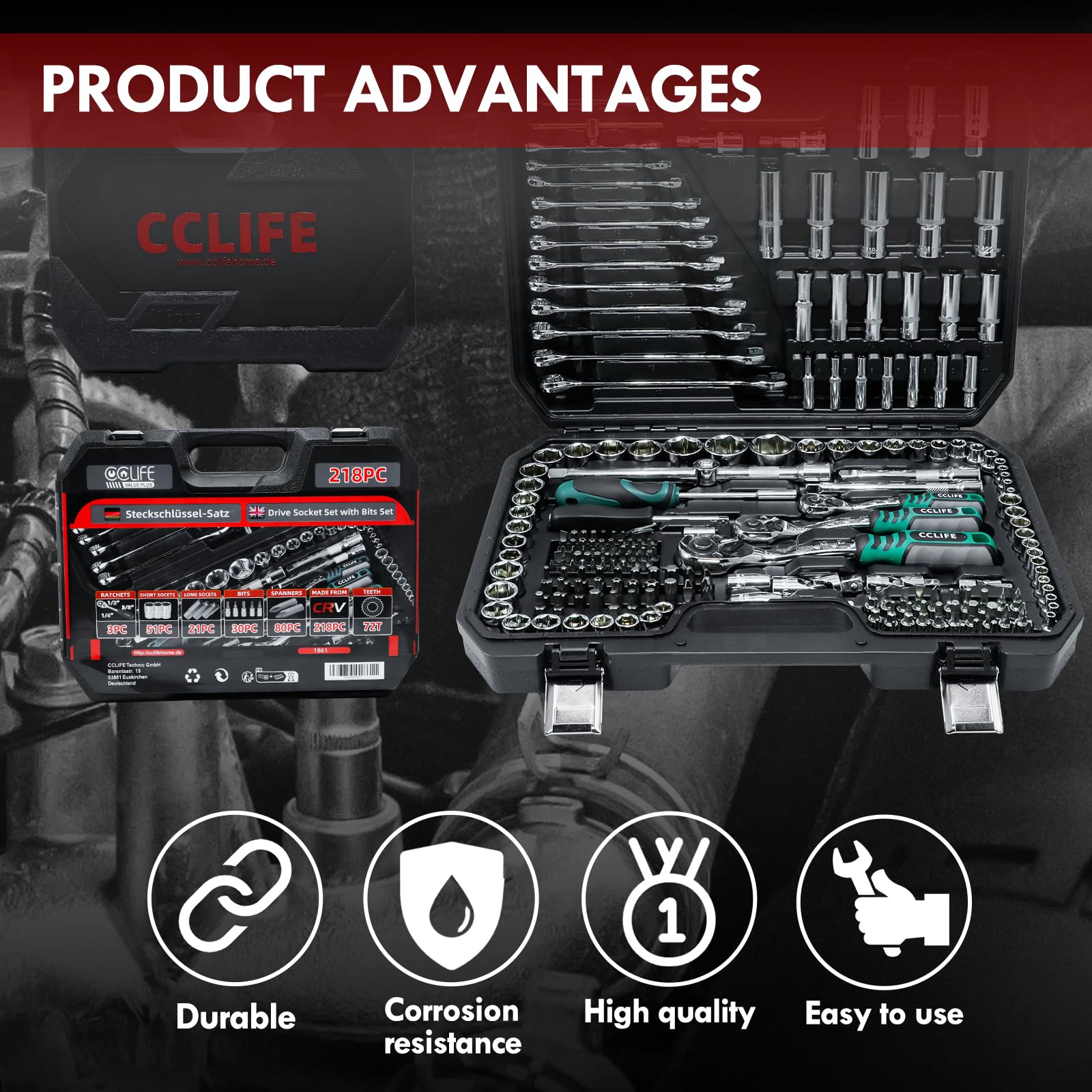 CCLIFE 218 Pezzi Set di Chiavi a Bussola Cr-V con Cricchetto 72 Denti, Bussole und Ed Inserti, Maniglia Girevole, Barra di Prolunga, Kit di Attrezzi Meccanici per Auto