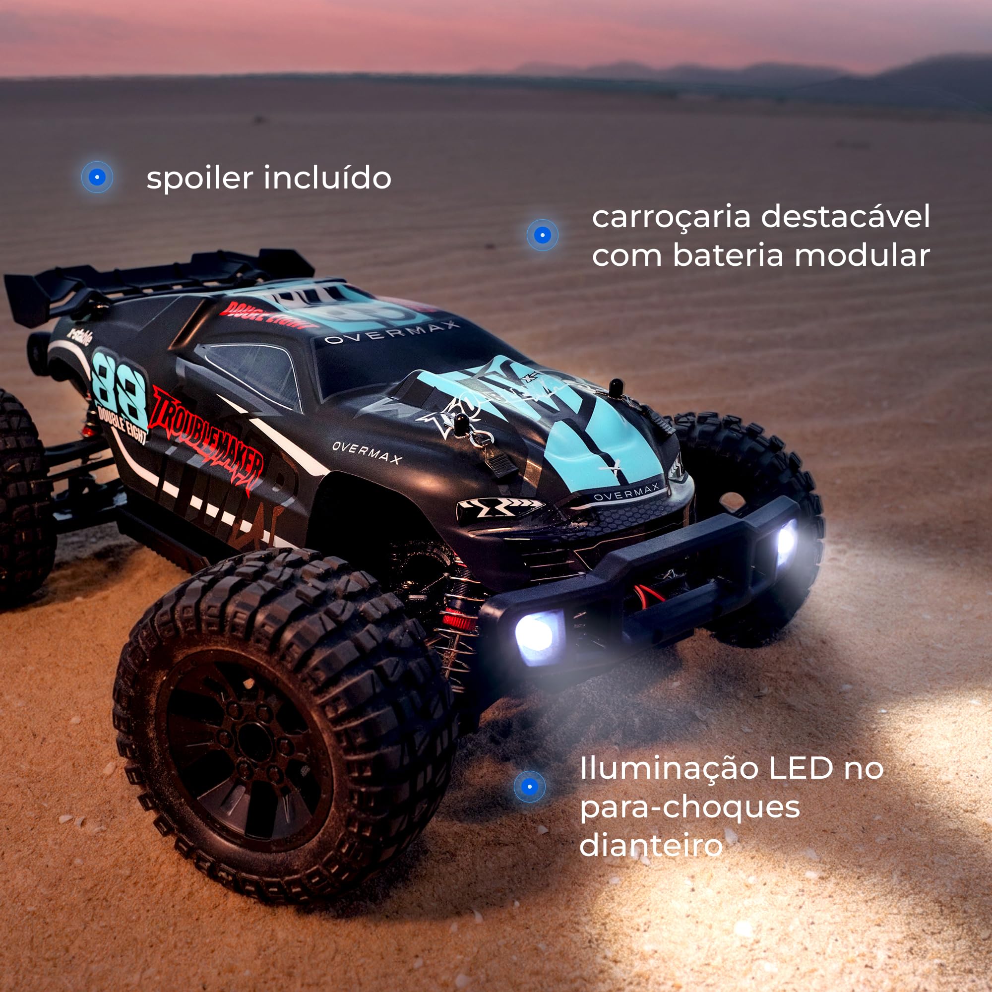 Overmax X- Stable zdalnie sterowany samochód 4WD 1:10 Offroad, 35 km/h 2,4 GHz RC Monster Truck 40 min, z 2 akumulatorami, metalowym napędem, tłumikiem oleju, LED, dla dzieci 8+ i dorosłych zasięg 100
