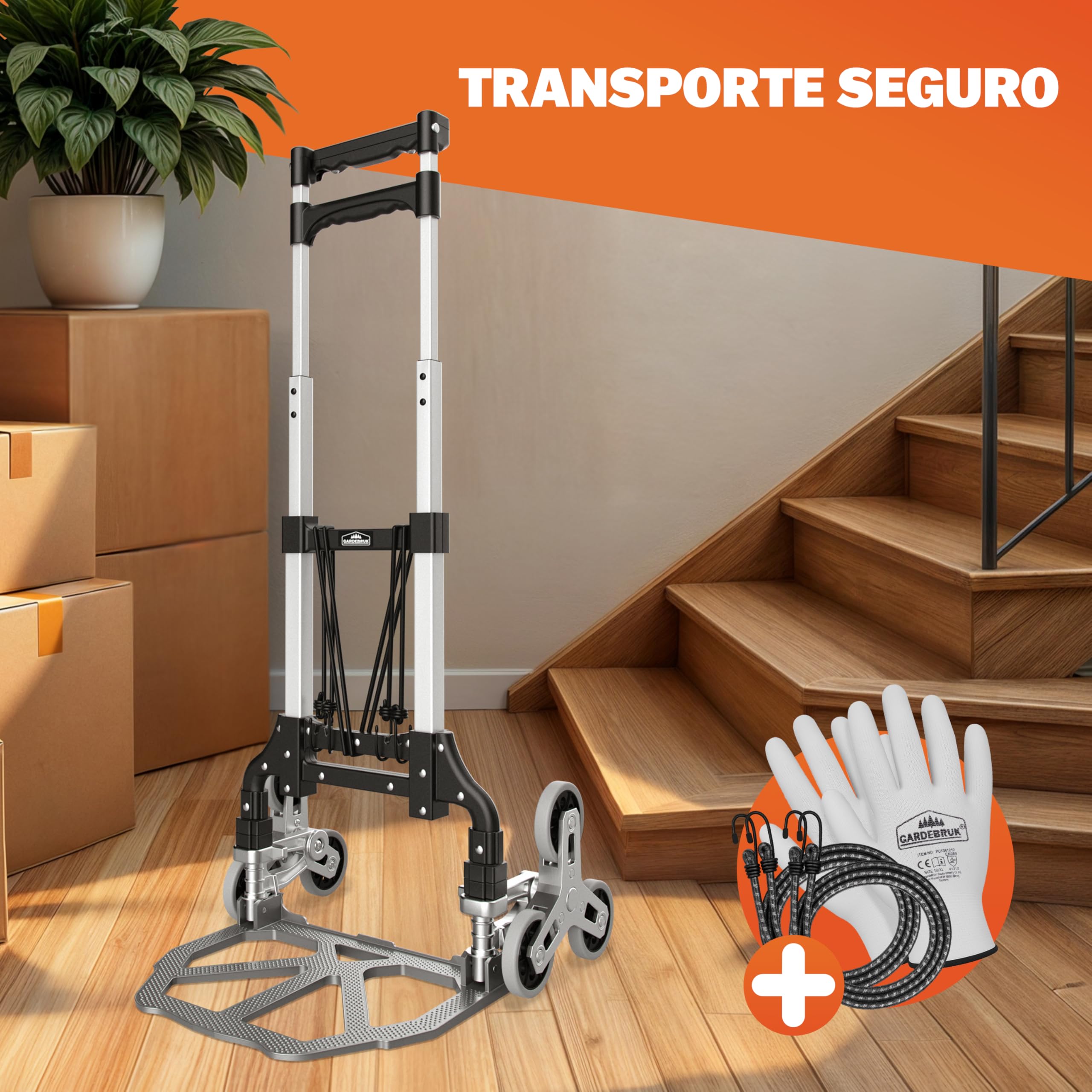 GARDEBRUK® Carretilla Plegable para Subir Escaleras hasta 80Kg Carro Transporte Mudanzas Aluminio Altura Regulable Ruedas Goma Maciza Incl. Guantes y Cuerdas Elásticas
