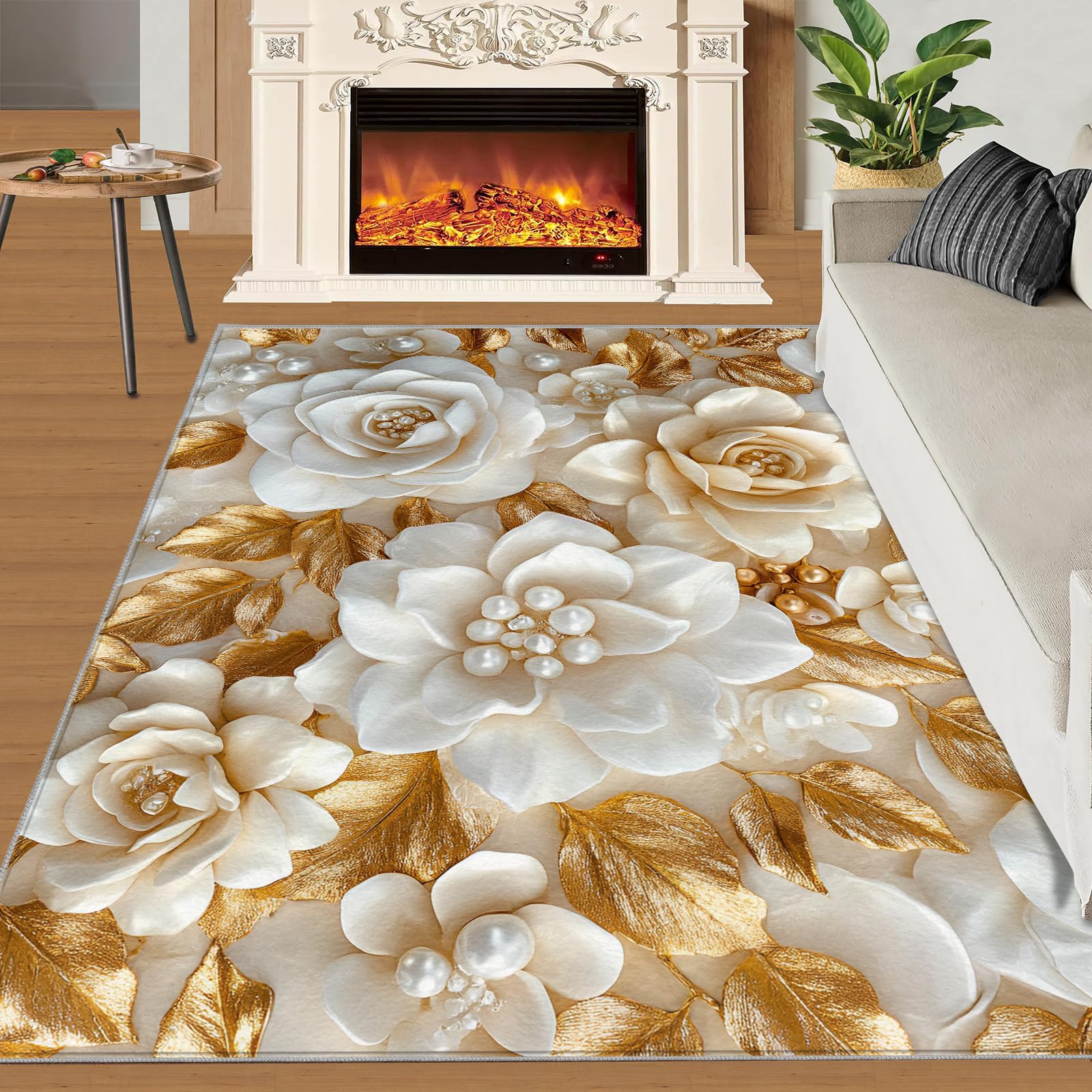 Perlenblüte Waschbar Teppich Weiß-goldene Blüten Teppich rutschfest, Luxuriöses Reliefblumenmotiv Teppiche für Esszimmer Schlafzimmer In & Outdoor Schmücken, 70x140 cm