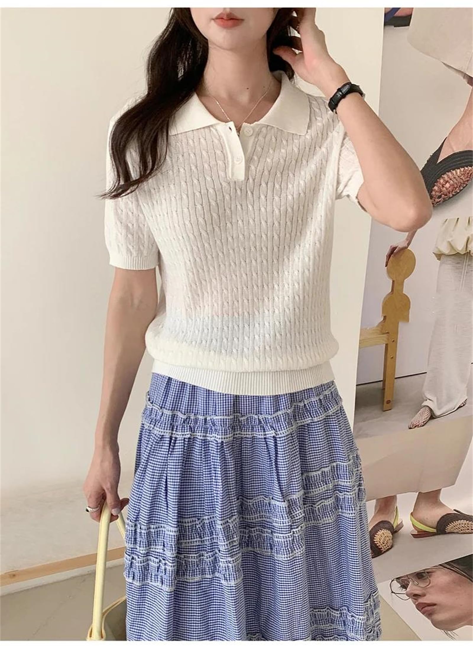 T-shirt uni à manches courtes pour femme - En coton tricoté - Style décontracté - Tendance - Pour l'été