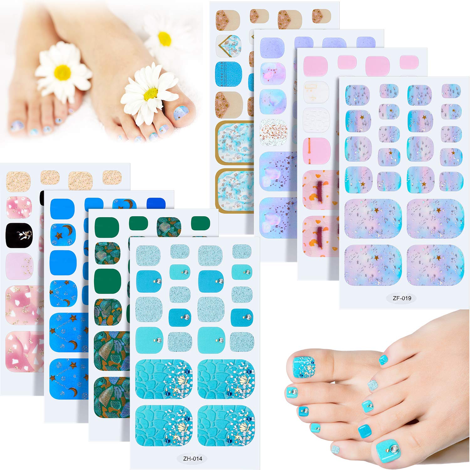 8 Sheets Toe Nail Polish Stickers 3D Full Nail Wraps Polish Strips Adhesive Toenail Art Polish Decals Toenail Decal Strips for Women Girls