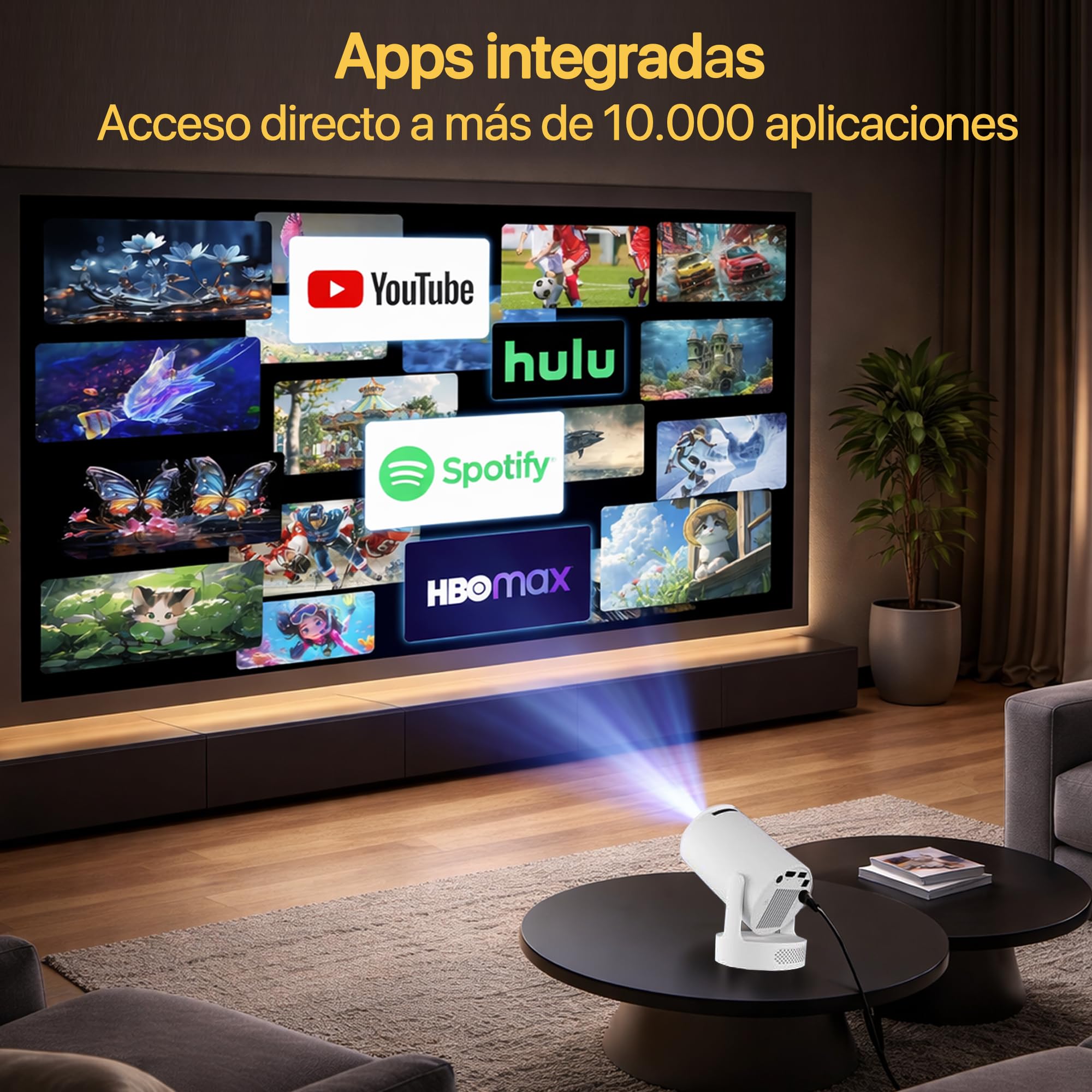 Proyector Portátil con Altavoz, 4k, WiFi, Bluetooth [Apps Integradas] Sistema Android 2026 Upgraded Mini Proyector de vídeo con Altavoz Integrado, Proyector Cine FullHD HDMI/portátil/móvil.