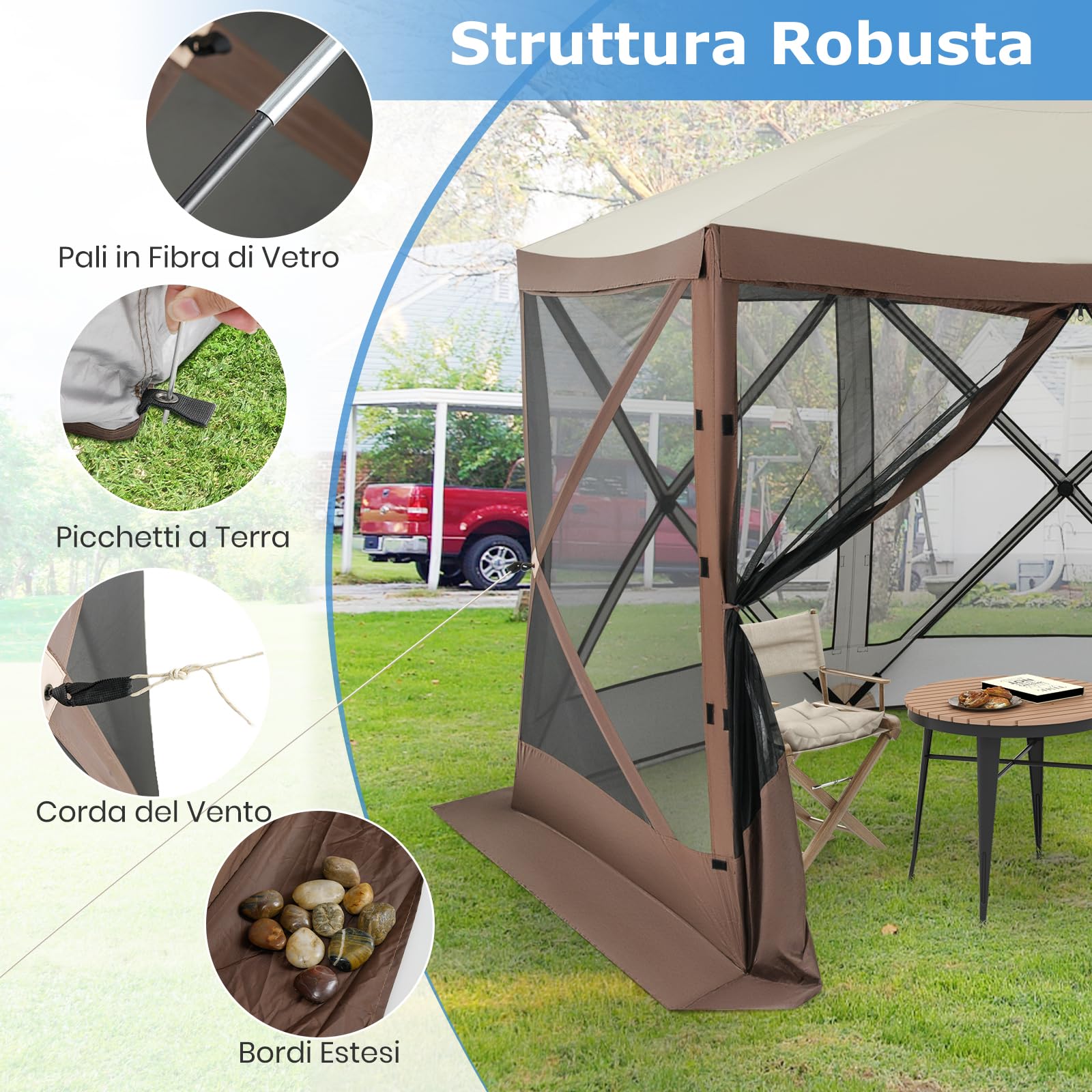 GYMAX Tenda da Campeggio per 6-8 Persone, Riparo Pop-up a 6 Lati con 2 Pannelli Frangisole Rimovibili, Tenda da Giardino Impermeabile e Antivento per Spiaggia e Giardino, 350 x 350 cm, Caffè