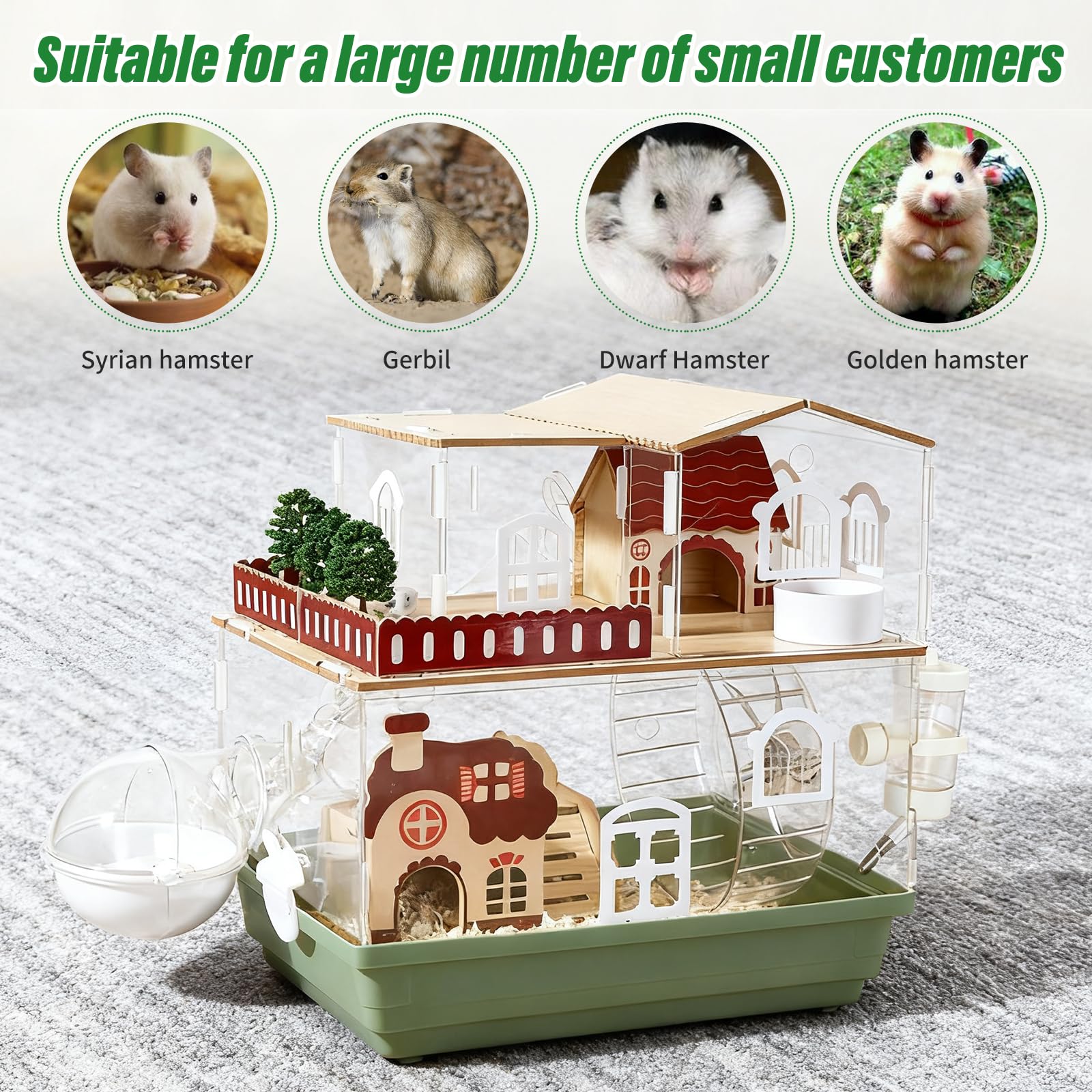 12-in-1 Acryl-Hamsterkäfig im Gartendesign 35 × 26 × 37 cm – Transparent, Mehrstöckig, inkl. Holzvilla, Laufrad, Tunnel, Trinkflasche, Badehäuschen & Spiel-Zubehör (2 Ebenen)