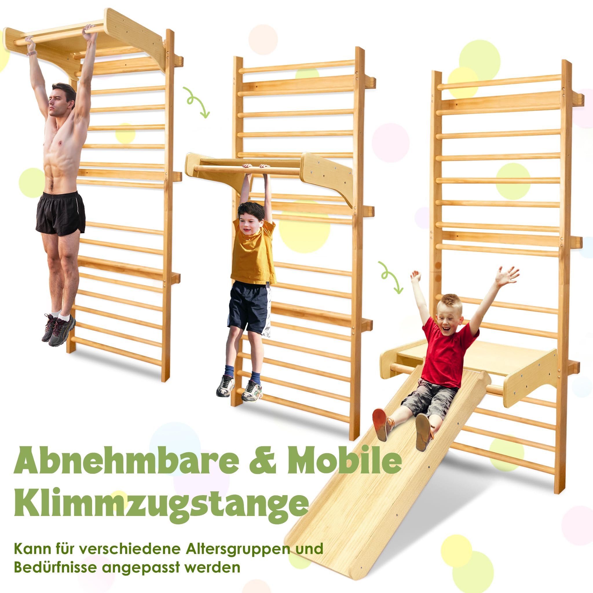 UISEBRT Palo da arrampicata in legno, per bambini e adulti, attrezzatura sportiva domestica con asta, anelli da ginnastica, scivolo e scala a maglia, portata fino a 100 kg