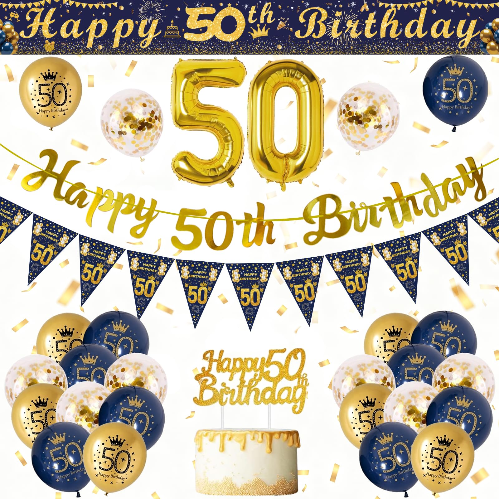 50th Birthday Decorations for Men, Blue Gold 50 Birthday Decorations,Happy 50th Birthday Banner,50th Balloons,270 * 15cm Cuttable Banner,Foil Balloons,Cake Topper 50 Birthday Party Supplies for Men
