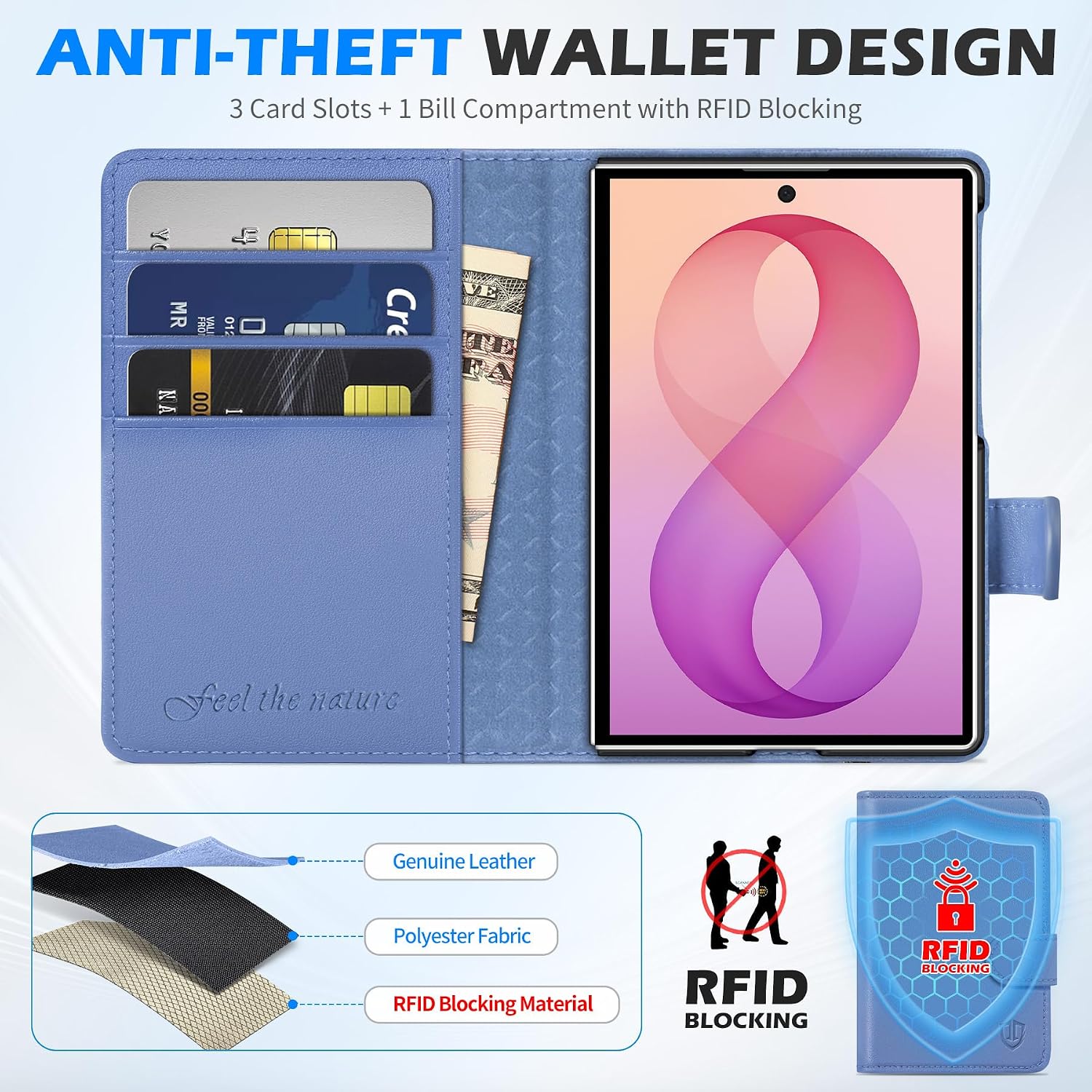  Genuine Leather Case Wallet for Galaxy Z Fold8, Wisteria Purple | RFID Blocking, Credit Card Holder, Magnetic Closure, Viewing Stand, Folio Design, Shockproof Phone Cover thumbnail