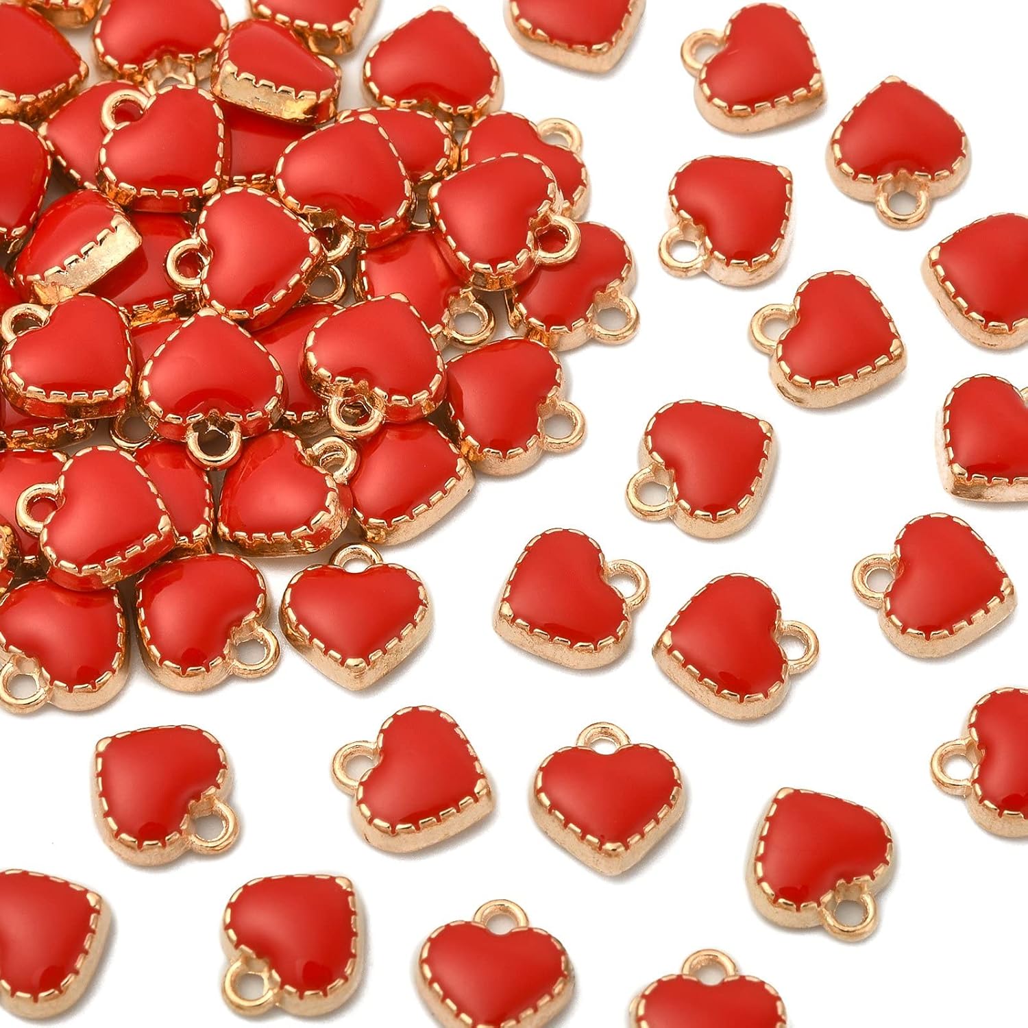 LiQunSweet 100 Pcs Sweet Red Heart Mini Charm Enamel Metal LightGold Hanging Charms for Valentine's Necklace Bracelet Jewelry Making DIY Crafting - 8x7.5mm