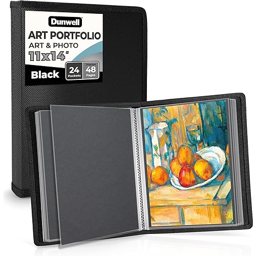 Dunwell 11x14 Art Portfolio Binder with Mounting Paper (Black), Large Portfolio Folder for Artwork Storage, 24 Sleeves Displays 48 Pages, 11 x 14 Presentation Book, Acid-Free Poly