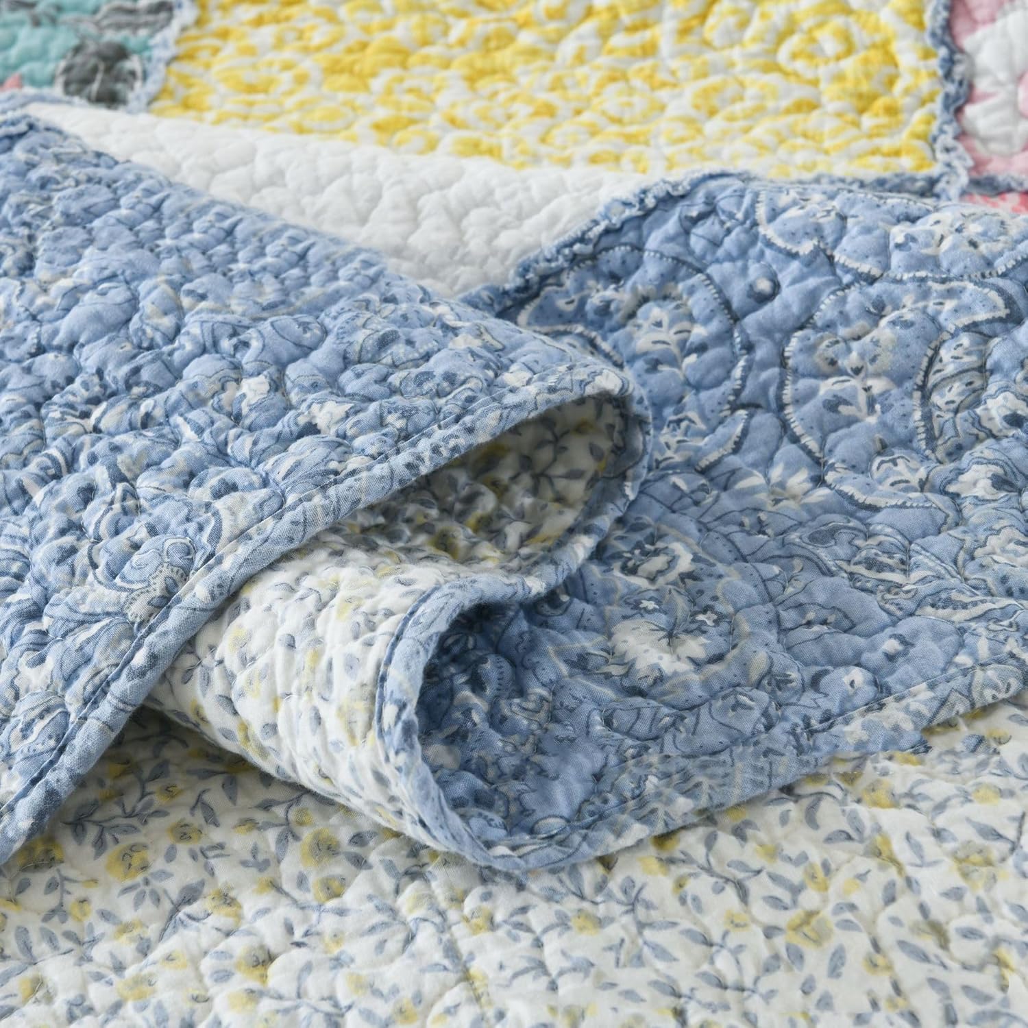 ABREEZE Cotton Bedspread Quilt Bedding Sets 3 Pieces Reversible Coverlet Sets Comforters Gorgeous Paisley Floral Patchwork Blue Bedspread, Queen Size