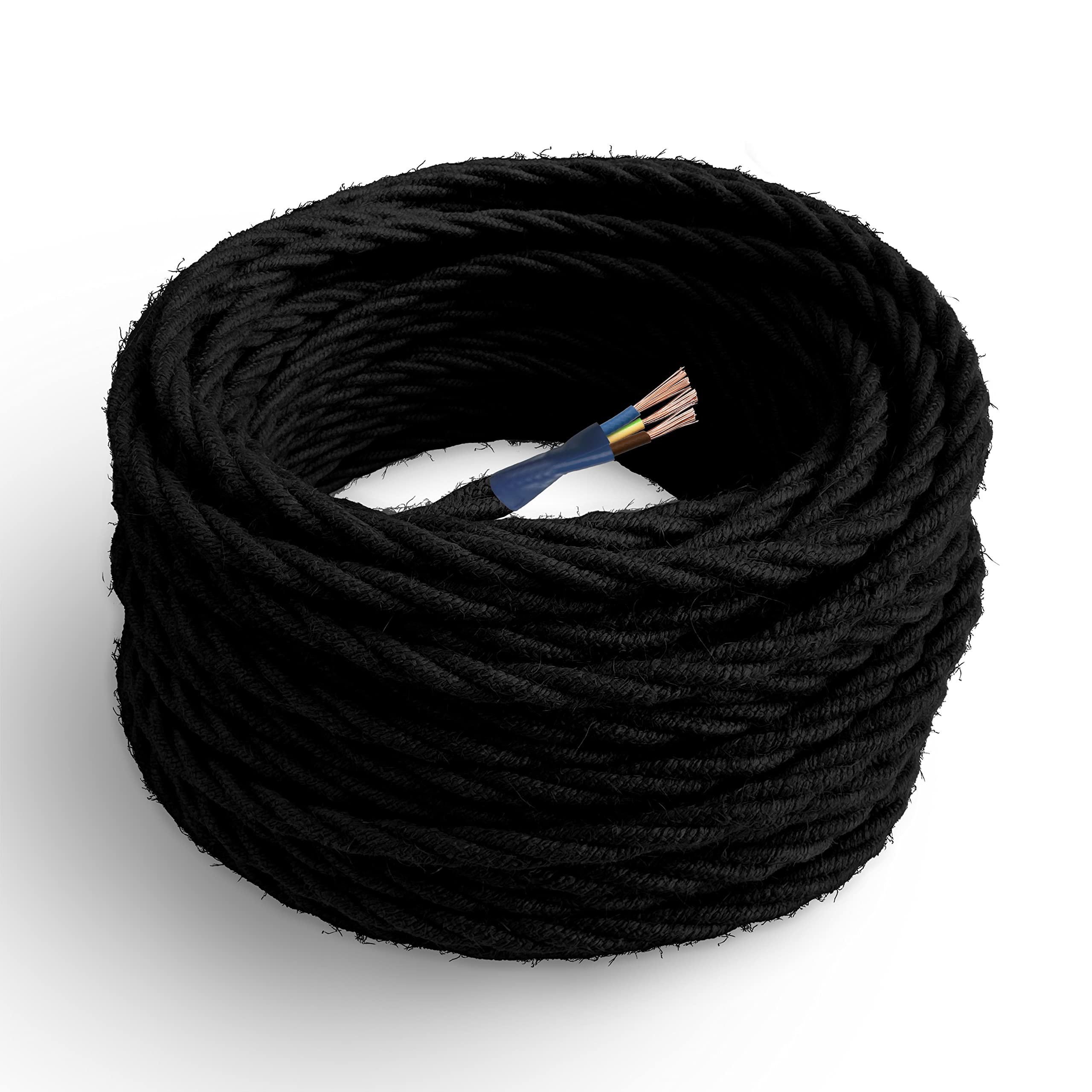 Amarcords - Cable de tela color NEGRO, trenzado, yute, 30 metros, con tierra 3x0,75 - Hilo eléctrico textil de color estilo clásico para lámparas bricolaje y iluminación vintage.