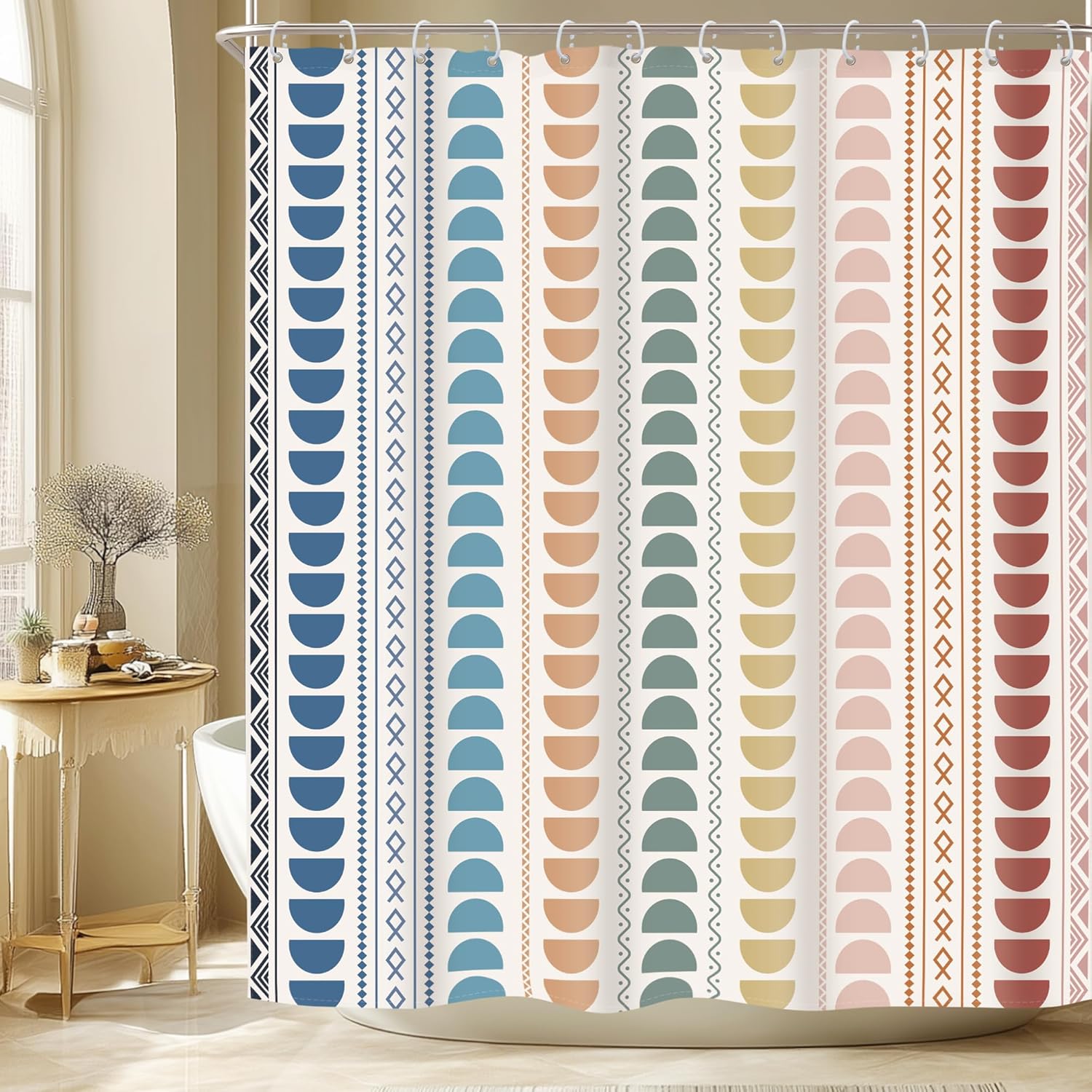 Riyidecor Stall Small Shower Curtain Half Size 39x72 Inch White Beige Single Narrow Tiny Geometric Chevron Striped Herringbone 7 Pack Hooks Dorm Decor Fabric Bathroom Set Polyester Waterproof