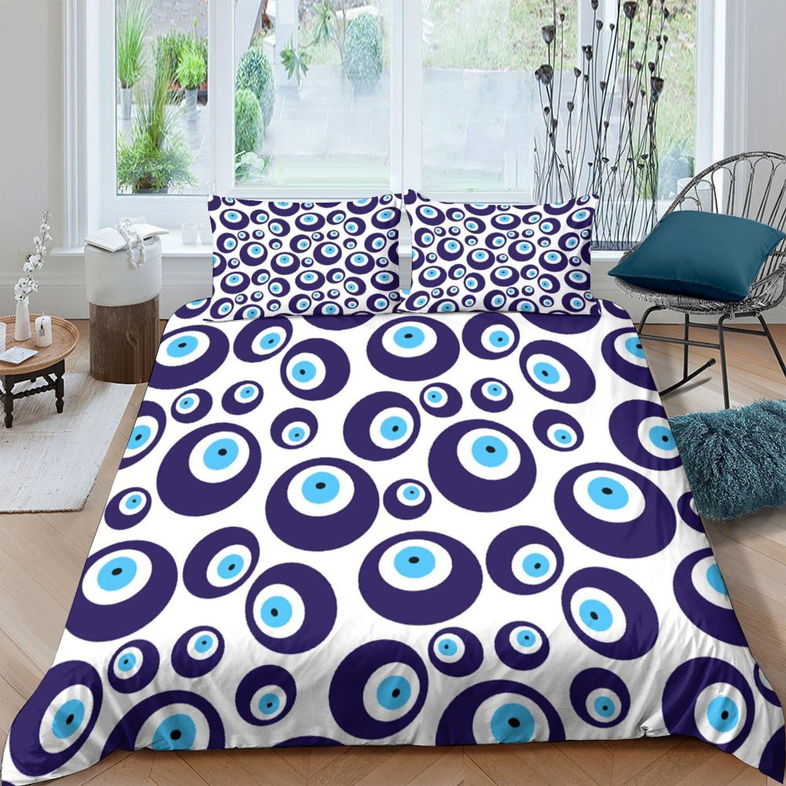 Ctjqhvkz Style-9 3D Printed Evil Eye Pattern Fitted Sheet Microfiber Soft Blue White Circles Bed Cover For Bedroom Guest Room Single（135X200cm）