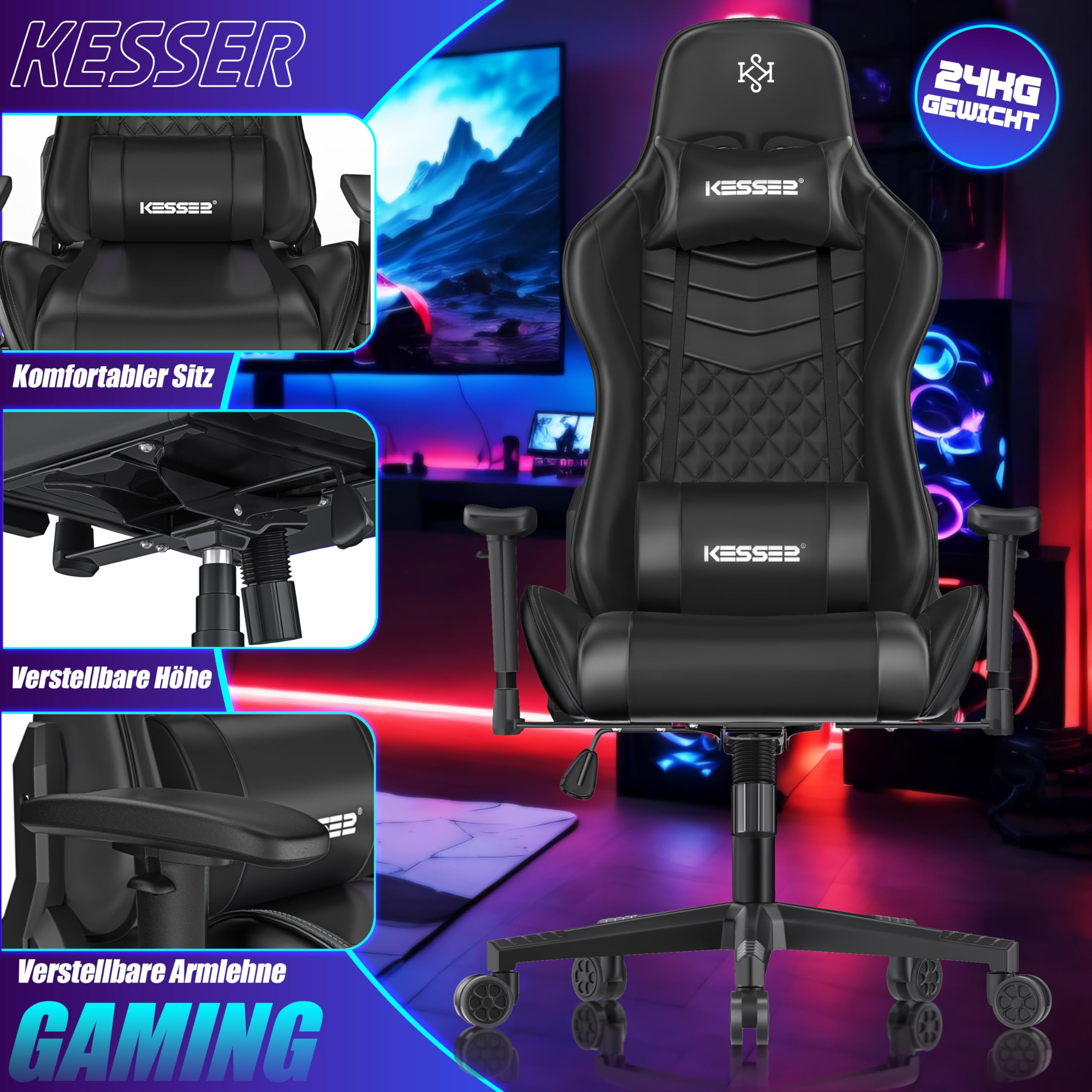 KESSER® Gamingstuhl Ergonomisch Gaming Stuhl Bürostuhl mit Kopfstütze & Lendenkissen | Racing Gamer Stuhl 150kg belastbar | Armlehne 360° | Drehbarer Schreibtischstuhl Gaming Chair + Gummi-Rollen