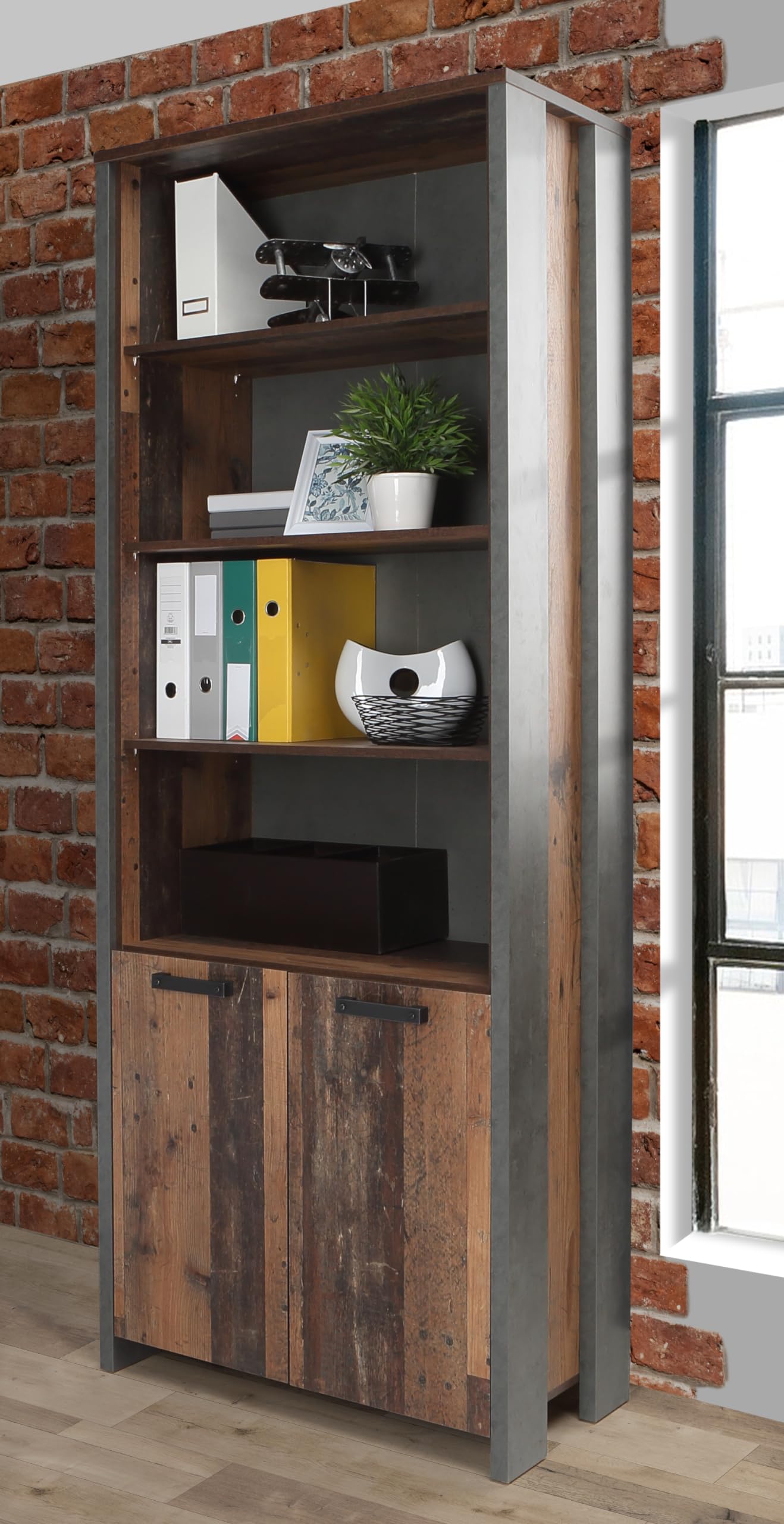 Forte Clif Bücherregal 80 90, Regal mit 2 Türen und Einlegeböden, Jugendzimmer, Büro, Holzwerkstoff, Old Wood Vintage Holzdekor/Betonoptik Dunkelgrau, 86,7 cm breit x 220,7 cm hoch x 41,6 cm tief