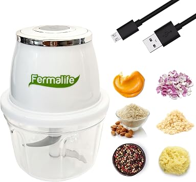 محضر الطعام الكهربائي FERMALIFE، سعة 350 مل / 11.8 أونصة، شفرة من الفولاذ المقاوم للصدأ للثوم والخضروات والبصل والمكسرات والتوابل والفواكه - خلاط لاسلكي قوي محمول باليد