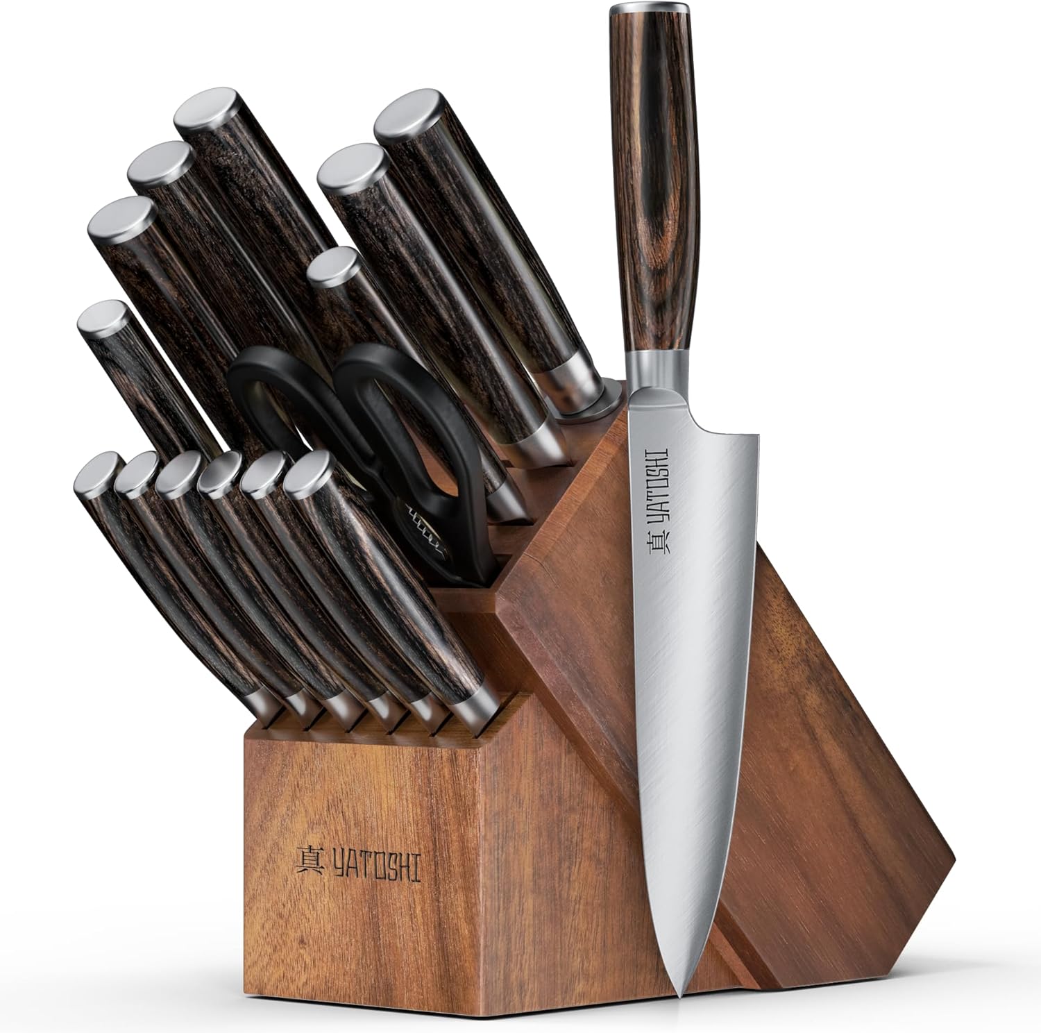 Yatoshi 15-Piece Knife Set with Block – Professional High Carbon Stainless Steel Blades and Pakkawood Handles - Image 1 of 8